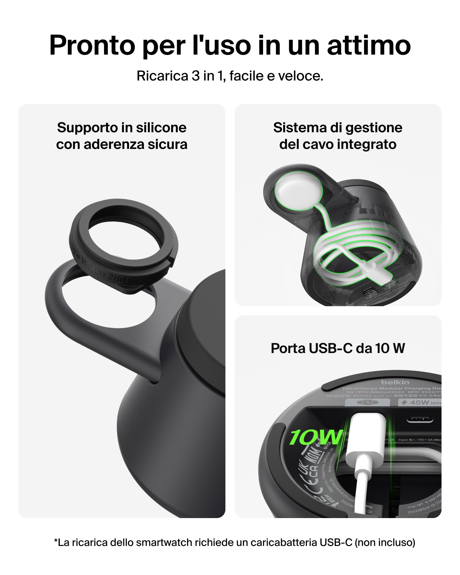 Belkin UltraCharge Caricatore Wireless Magnetico 3 in 1 Qi2.2 25W con Porta USBC, Stazione di Ricarica per Samsung Galaxy S26, Galaxy Watch, Pixel 10, Pixel Watch, Apple Watch, con Alimentatore 45W