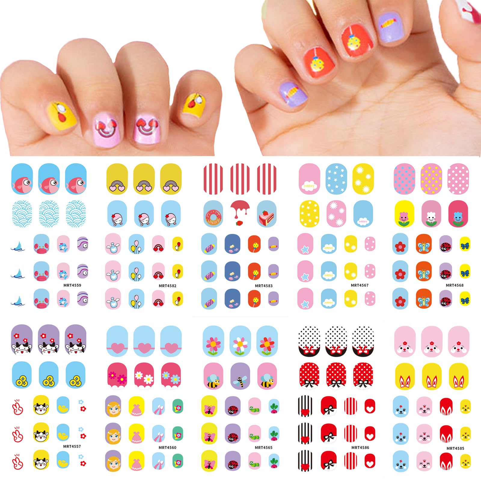 Photo 1 of **2 DIFFERENT PACK OF KIDS NAIL STICKERS**Kids Nail Stickers Full Nail Wraps Self Adhesive Nail Polish Decals Fun Including Rainbow Flower Cow Fruit Food Star Cloud Animals for Age 7 and Older Kids Nail Art Decoration