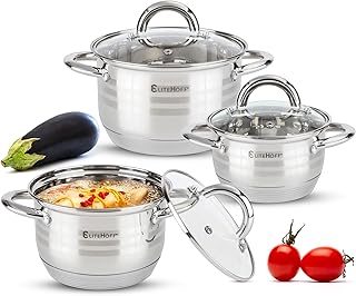 EliteHoff 6-Piece Induction Saucepan Set with Glass Lid, 7-Layer Stainless Steel Pot Set, Suitable for Induction Cookers, Cookware Set for All Hobs (E-4303)