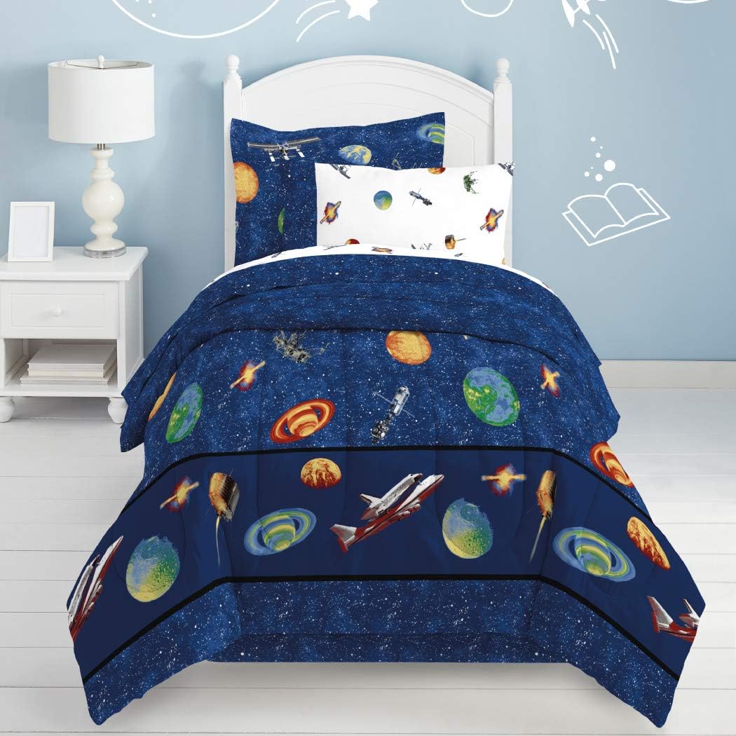 Flаѕh Dеаlѕ - 50% оƒƒ 6 Piece Navy Blue Outer Space Themed Comforter Set Twin With Sheets, Blue Orange Brown Orbiting Planets Stars Twinkling Satellites Rockets Comets Teen Themed Plush Cozy Soft Kids Bedding For Bedroom
