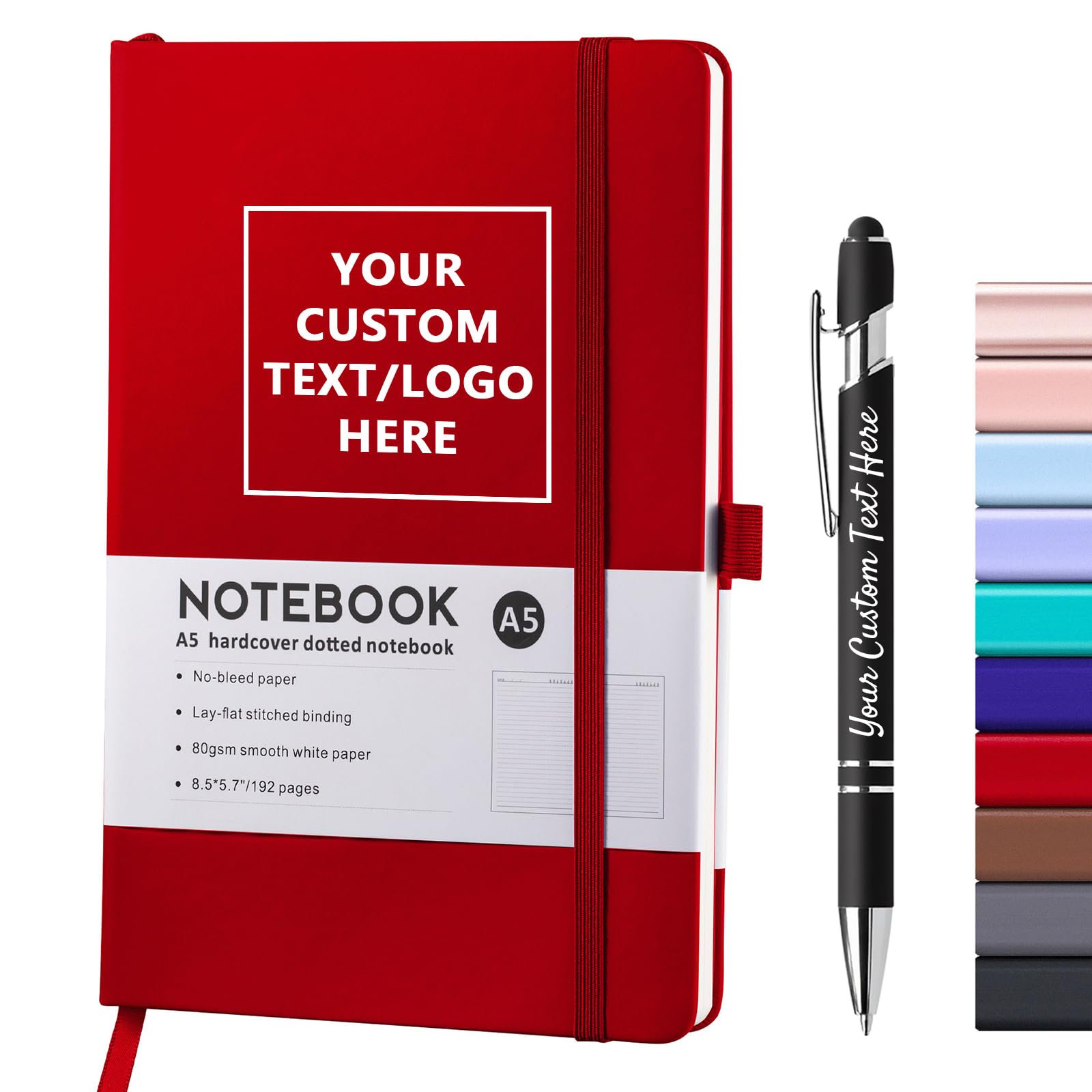 Vebermo Personalised Notebooks With Pen - Customisable A5 Journal Notebooks with Engraved Logo/Text/Image, Daily Writing Journals with 192 Lined Pages, 8.5 x 5.71 Inch, Red