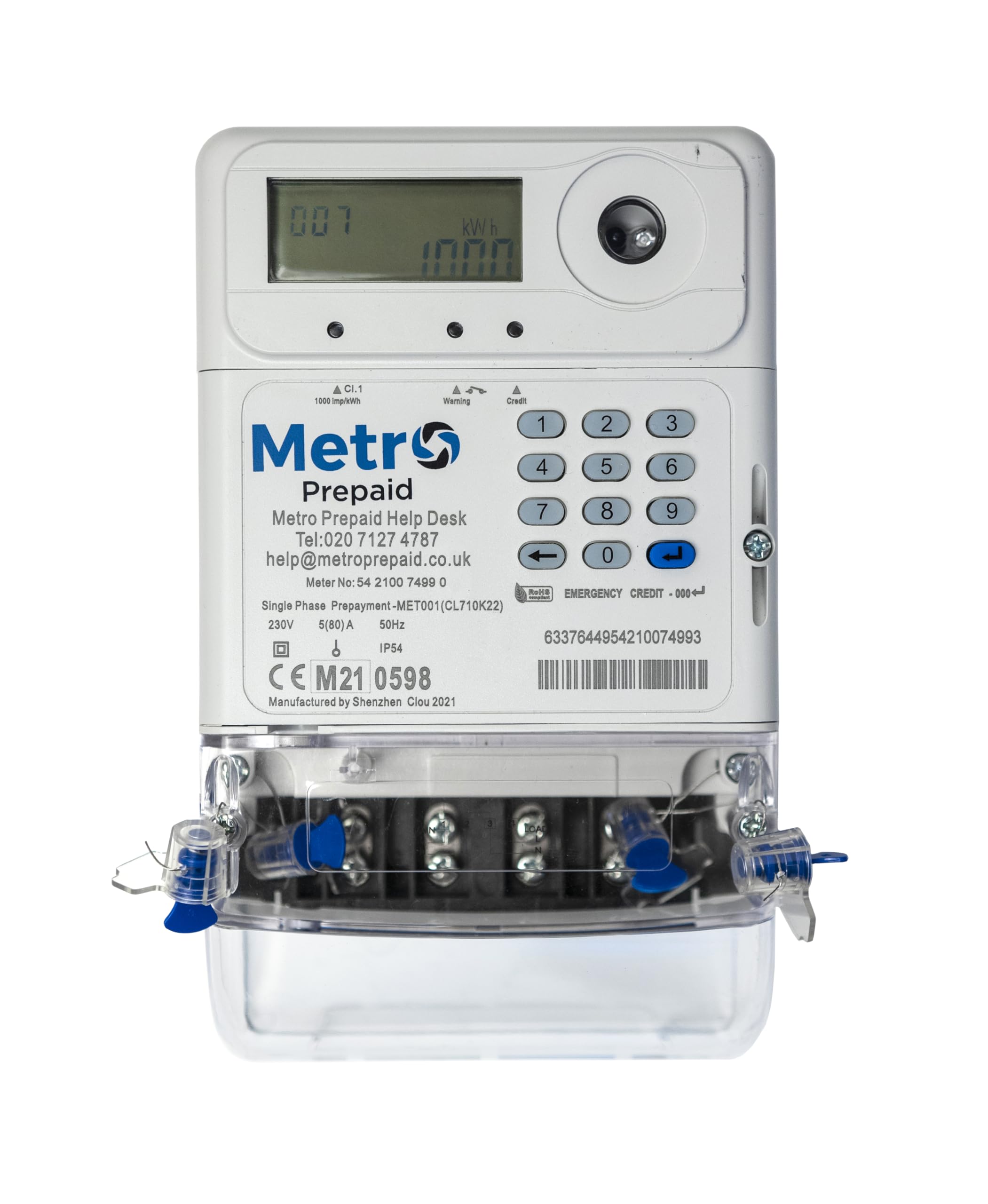 Metro 80A Single Phase Pre-Payment Electric Meter - MET001 - Top-up via PayPoint, Online Debit or Credit Card or Metro Pay-By-Phone