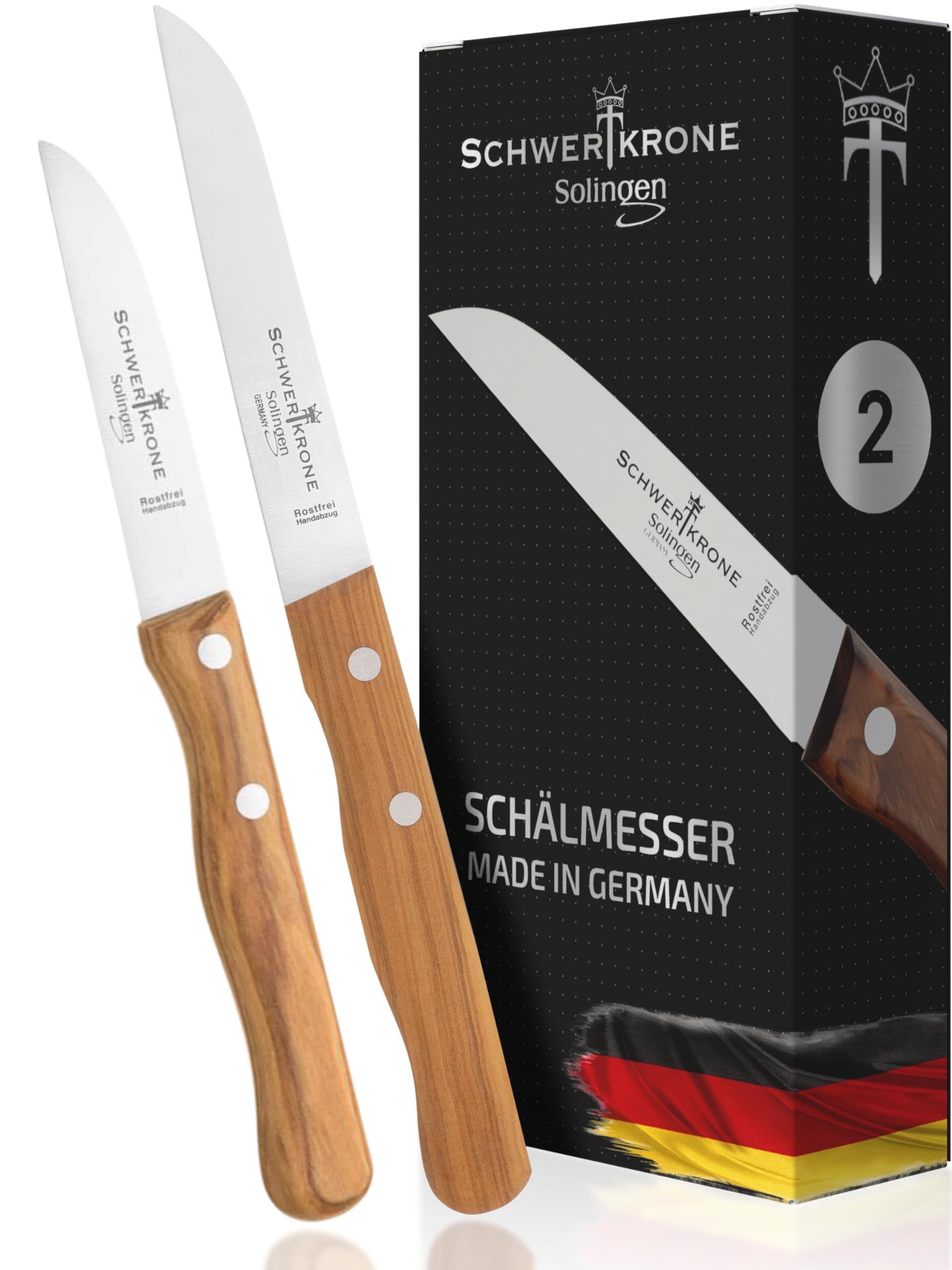 Schwertkrone® Gemüsemesser 2er Set Premium [MADE IN SOLINGEN - GERMANY] - Schälmesser Obstmesser - Küchenmesser klein scharf - Schneidemesser Kartoffelschälmesser - Allzweckmesser (Klinge: 3" + 4")