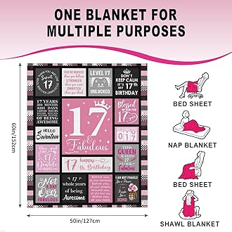 Atokker 17 Year Old Girl Gift Ideas - Cozy Blanket 50"x60", for 17 Year Old Girl, 17th Birthday Gifts for Girls, Unique Birthday Present for Teen Girls, Happy 17th Decoration Ideas