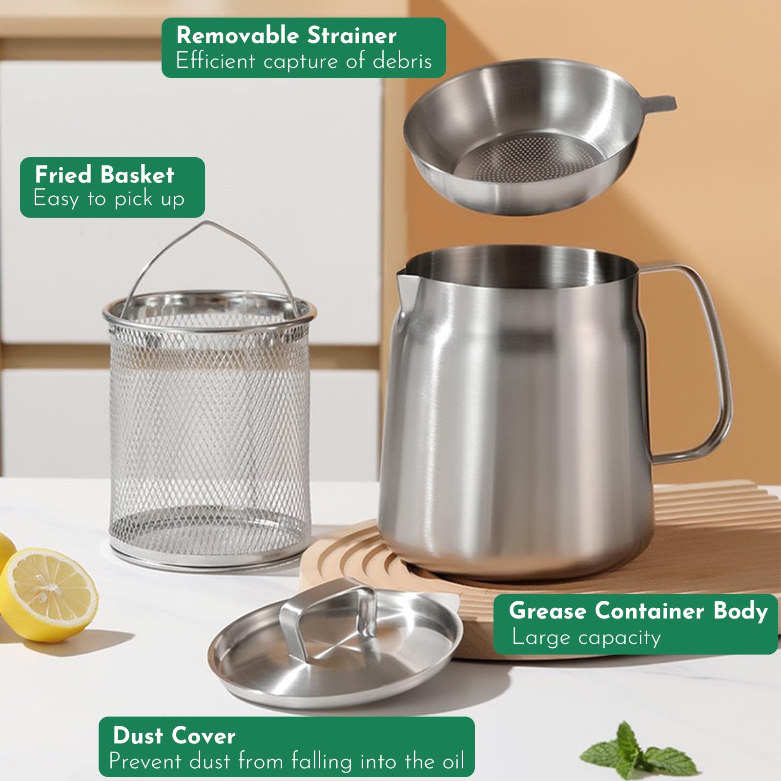 HOMKULA 2-in-1 304 Stainless Steel Multifunctional Oil Strainer Pot, Large Capacity Oil Filter Pot, Bacon Grease Container with Deep Fryer Basket for Kitchen Camping (68oz/2L)