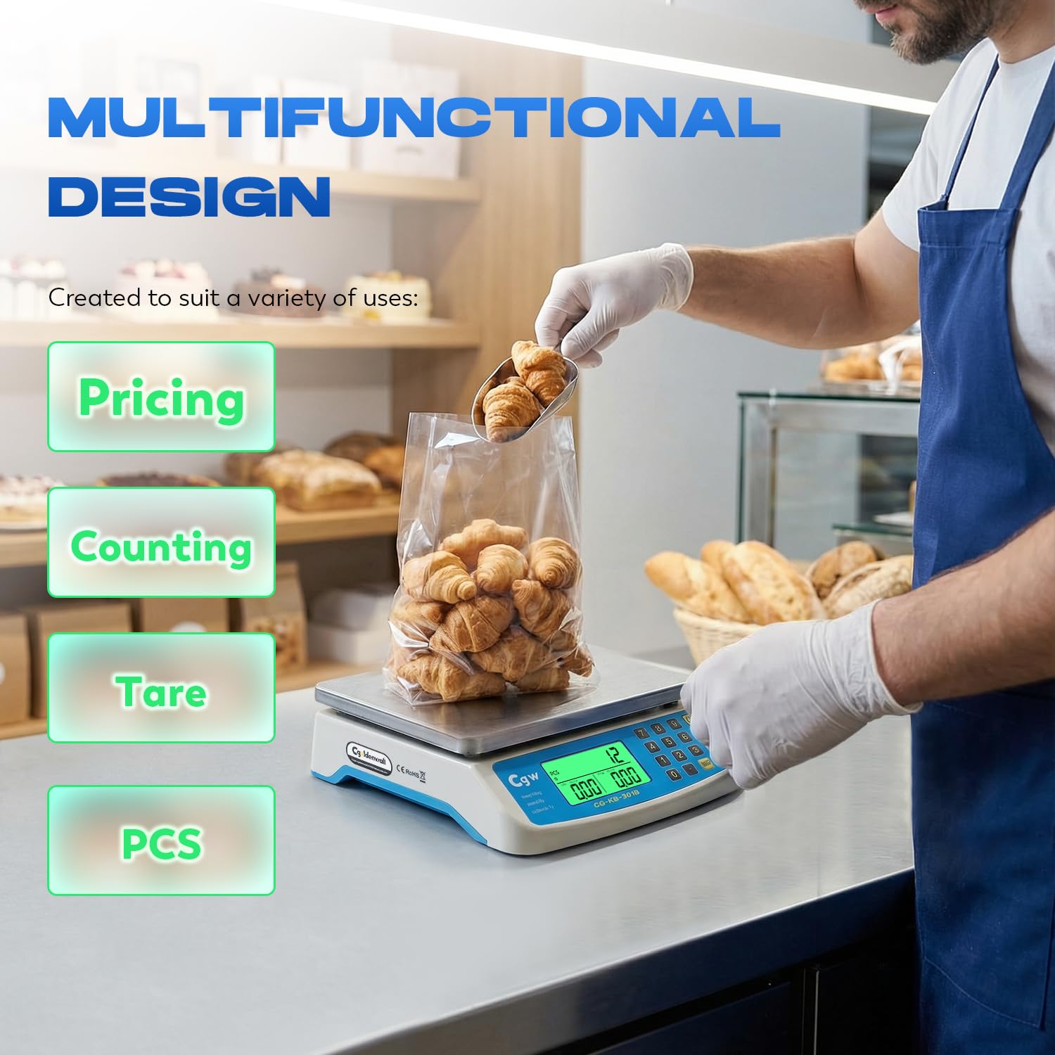 CGOLDENWALL Gewerbliche Küchenwaage 30kg/1g mit Edelstahl-Plattform | Kommerzielle Preisberechnungs- und Zählwaage, KG/LB/OZ, LCD-Display & AC/DC-Strom, für Gastronomie, Bäckerei und Haushalt
