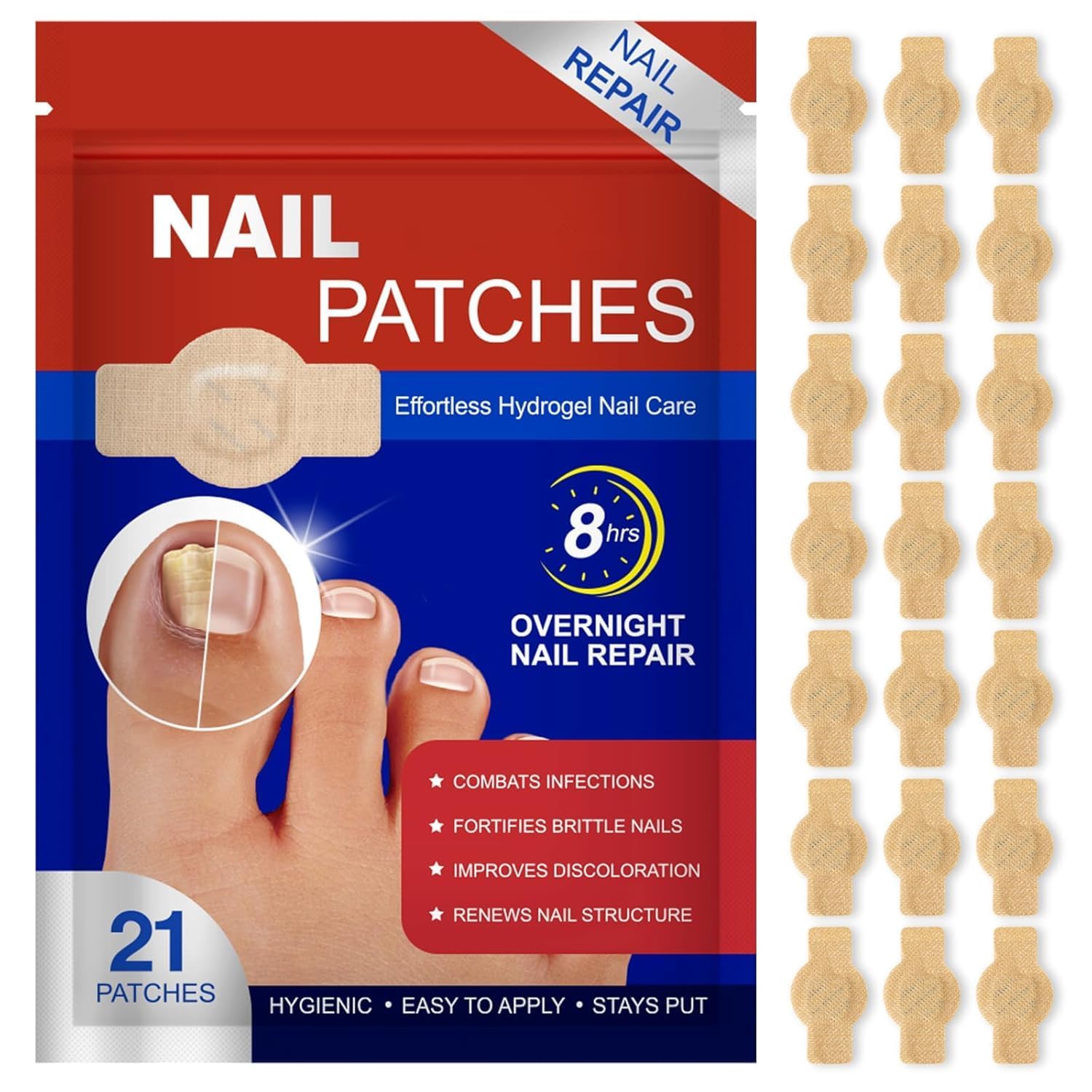 Qutipek Fungal Nail Patches - 21 Patches Targets Nail Fungus Over-Night Nail Repair Antifungal Toe & Finger Nail- 21 Pcs