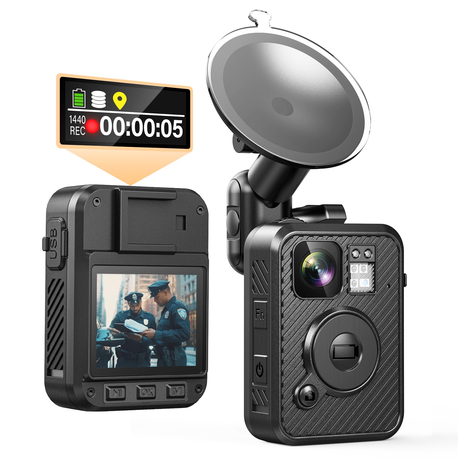 Losfom WD10 2K Body Worn Camera, 128GB Body Cam with Dual-Screen Displayed, GPS and Night Vision Equipped, Multiple Usage Camera for Law Enforcement,