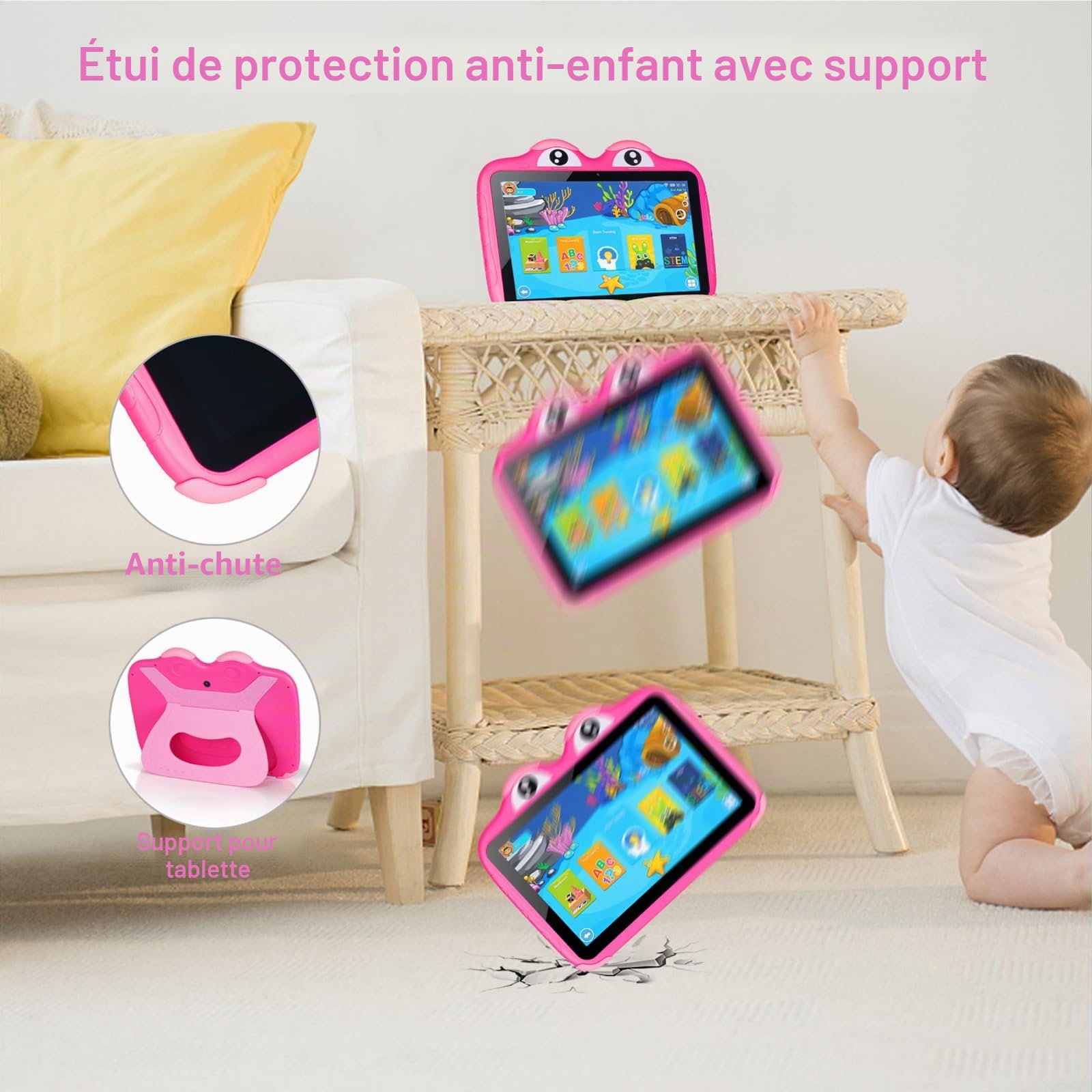zcobro Tablette pour Enfants 10 Pouces Android Tactile Tablette Enfants avec Case 2+64 Go 5000mAh Widevine L1,WiFi 6 Tablette Bluetooth IPS HD 1280 * 800 Contrôle Parental (Rose)