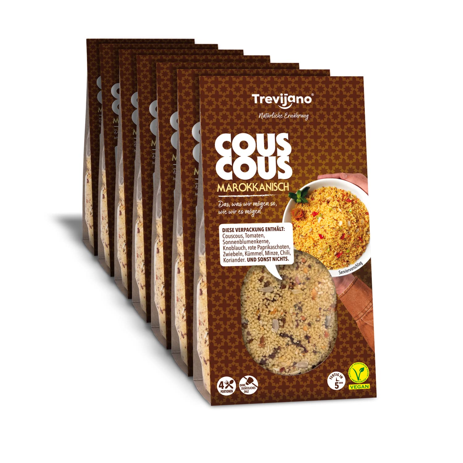 Cous Cous Trevijano - Pack de 7 Bolsas (300 g cada una) - Vegano - No Requiere Refrigeración - Larga Vida Útil - Listo en 5 minutos