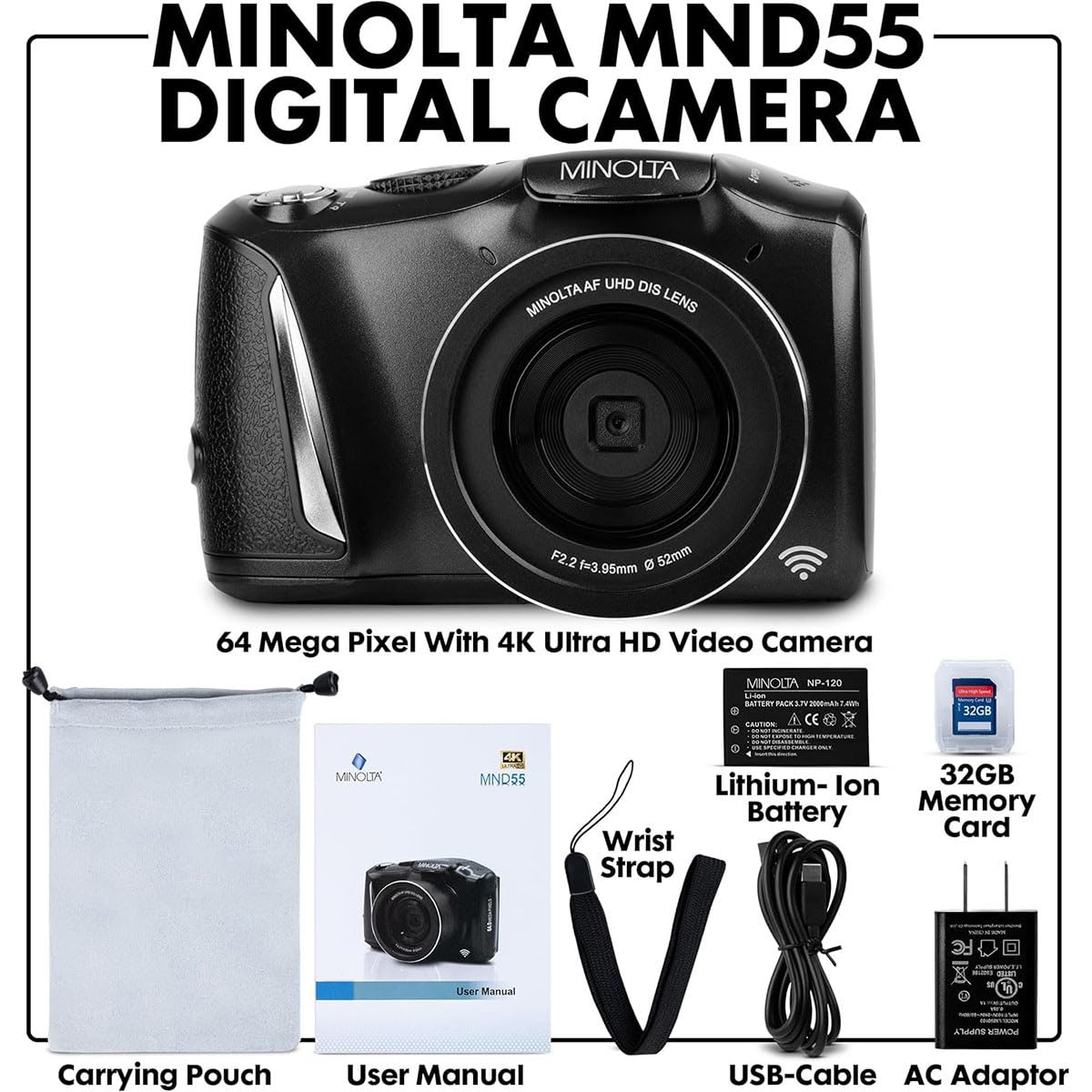 Amazon.com : Minolta MND55 64MP 4K Ultra HD Wi-Fi Digital Camera