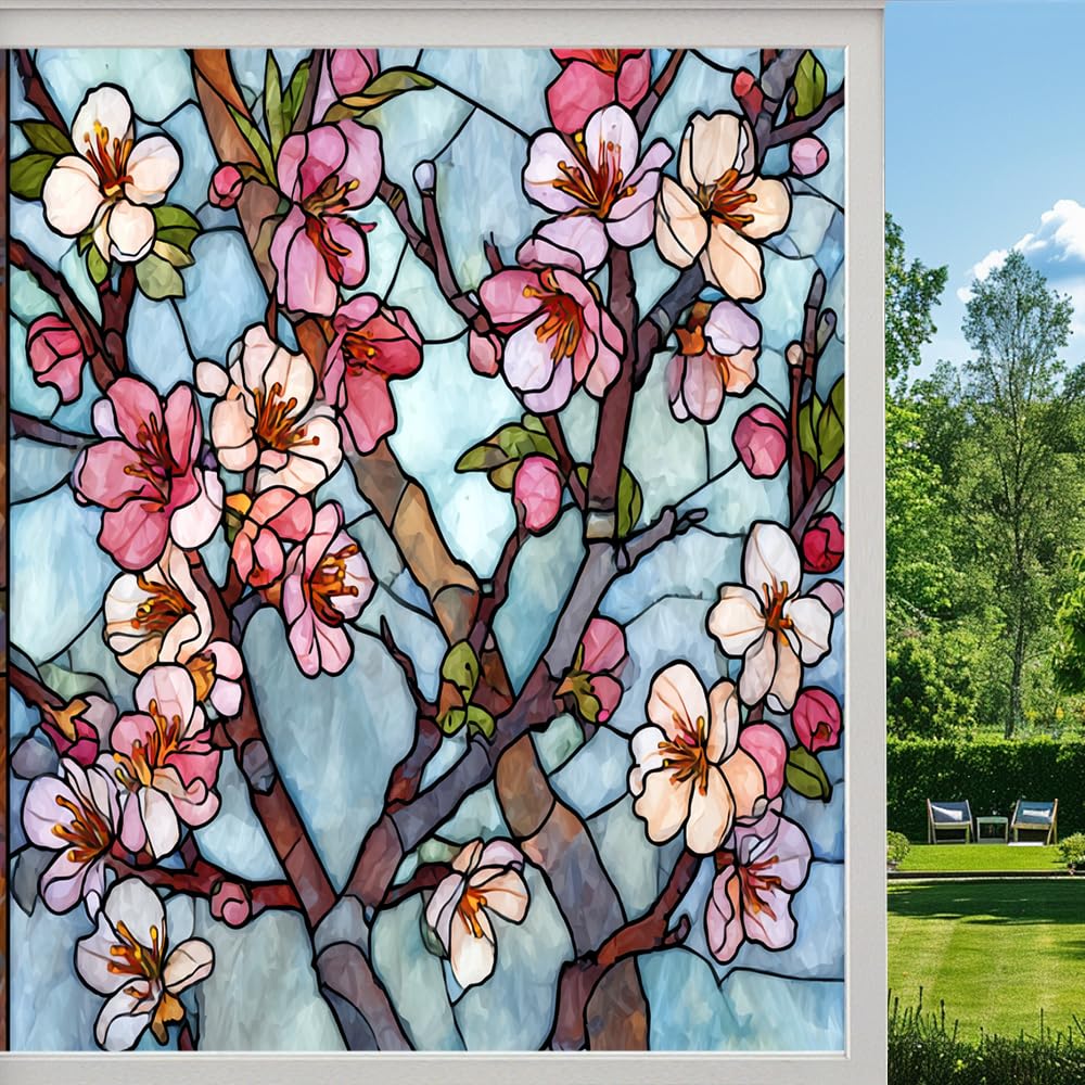 Colorful Cherry Blossoms Privacy Window Film, Rural Natural Flower Plant Frosted Self-Adhesive Vinyl Cling for Glass Doors Bathroom Windows Sun Blocking Heat Control, （45x60cm）
