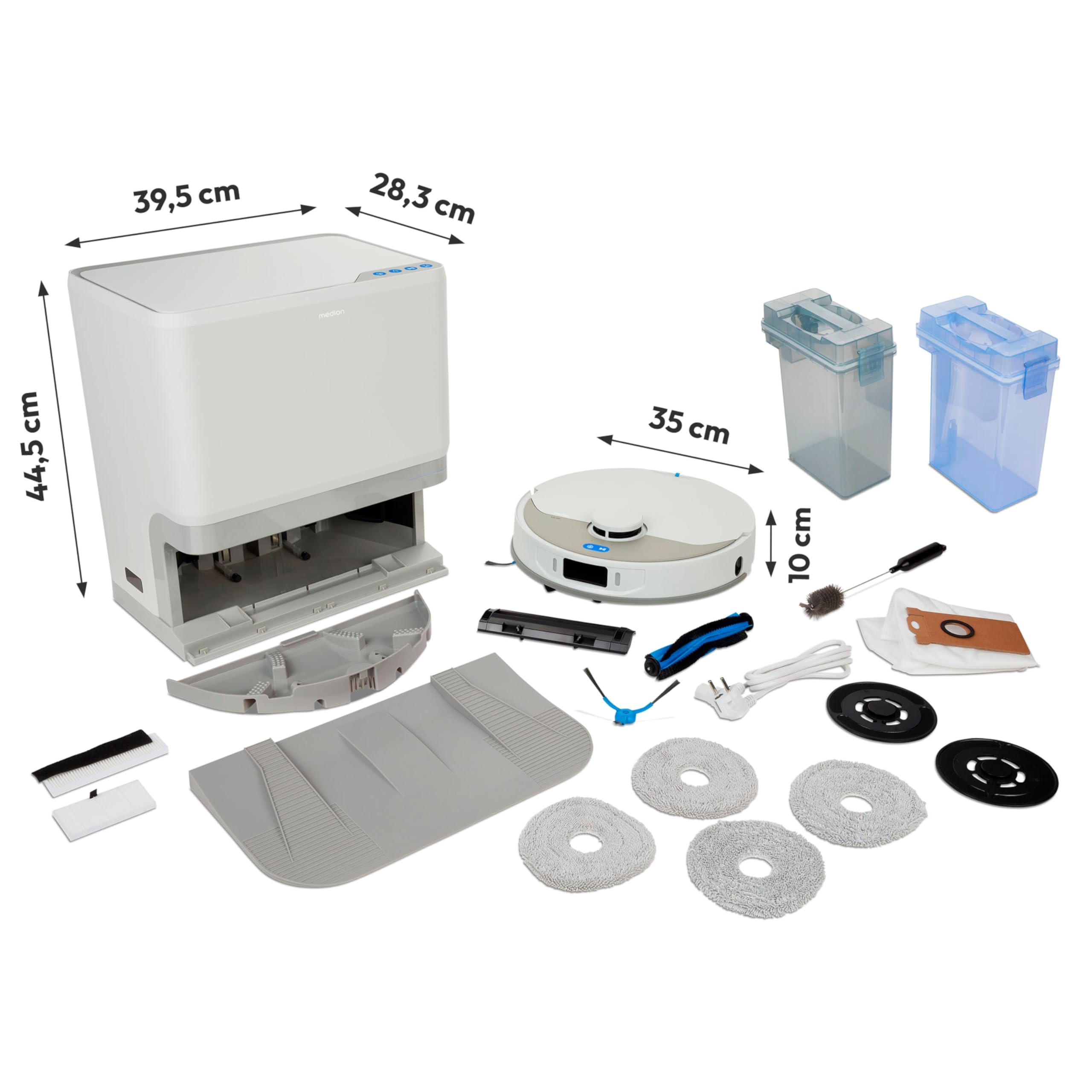 MEDION Saugroboter mit 3-in-1 Absaugstation, Lasernavigation und Wischfunktion X55 SW+ (Starke 10000Pa Saugkraft, 2in1 Roboterstaubsauger, rotierende Wischmopps, Kreuzlinienlaser)