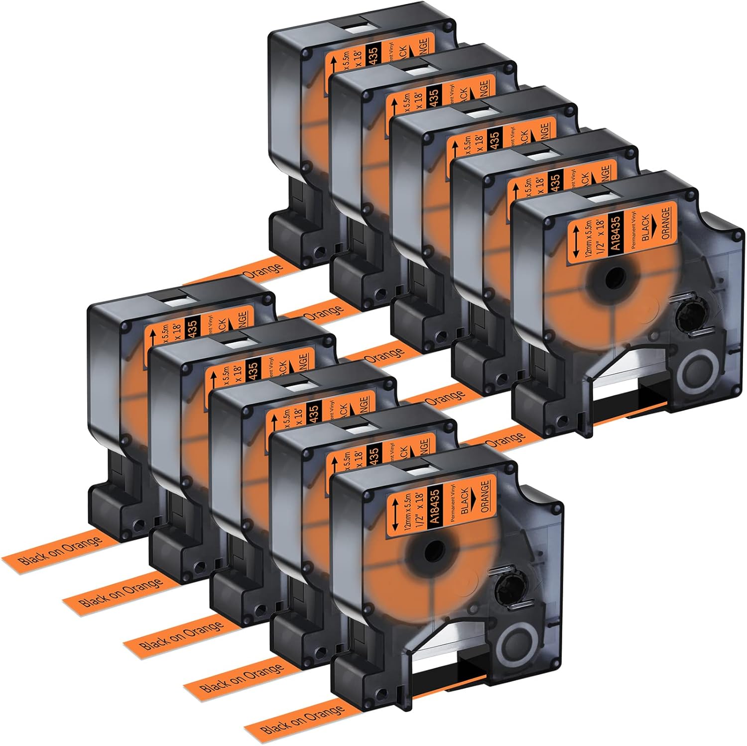 10 Pack Compatible for Dymo Rhino 18435 1/2" 12mm Black on Orange Vinyl Permanent Industrial Label Tape for Rhino 1000 3000 4200 5000 5200 6000 and 3M Label Maker