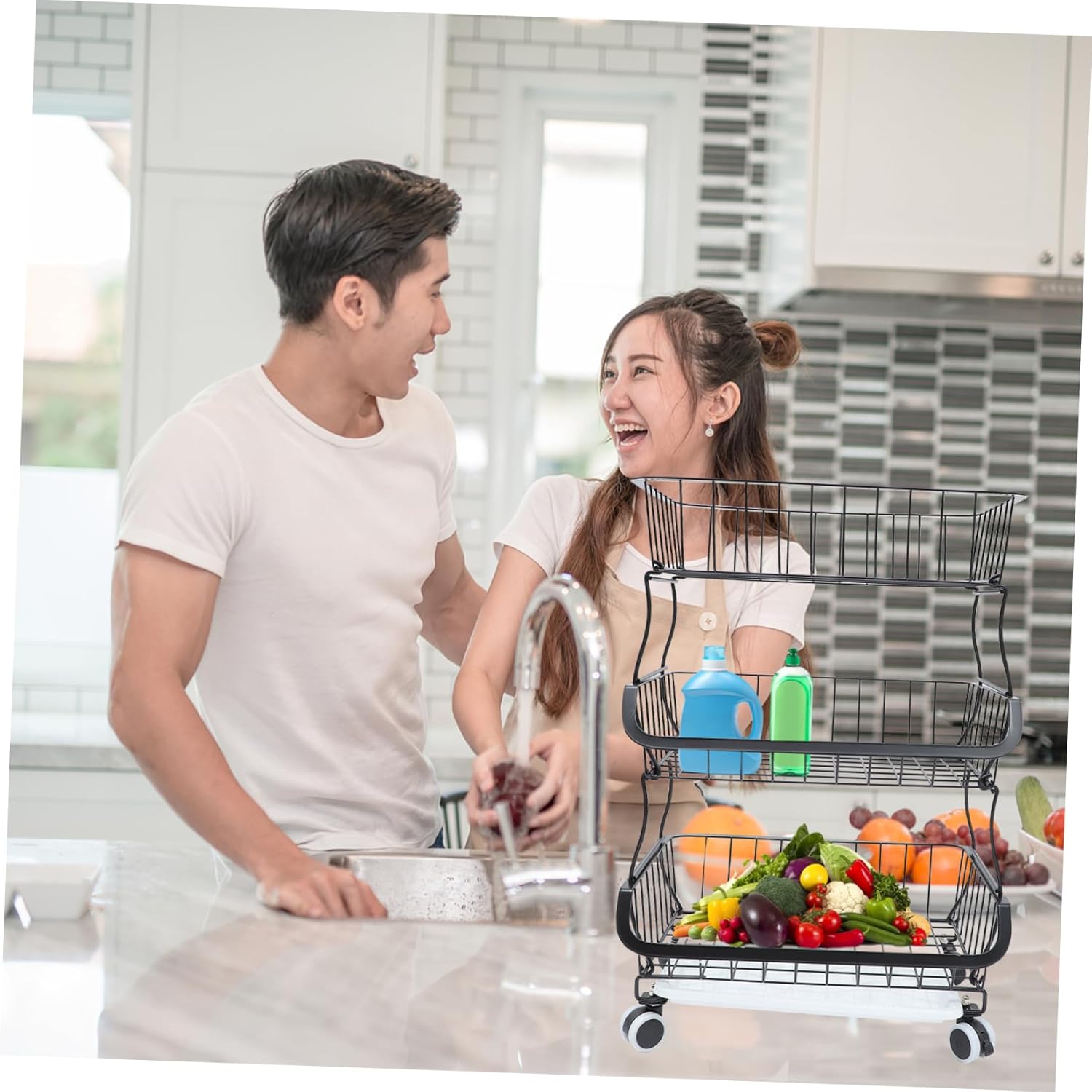 KICHOUSE 1set Three-Layer Kitchen Storage Cart Trolley Multi-Purpose Design Rolling Utility Rack for Easy Organization of Fruits Vegetables and Kitchen Essentials