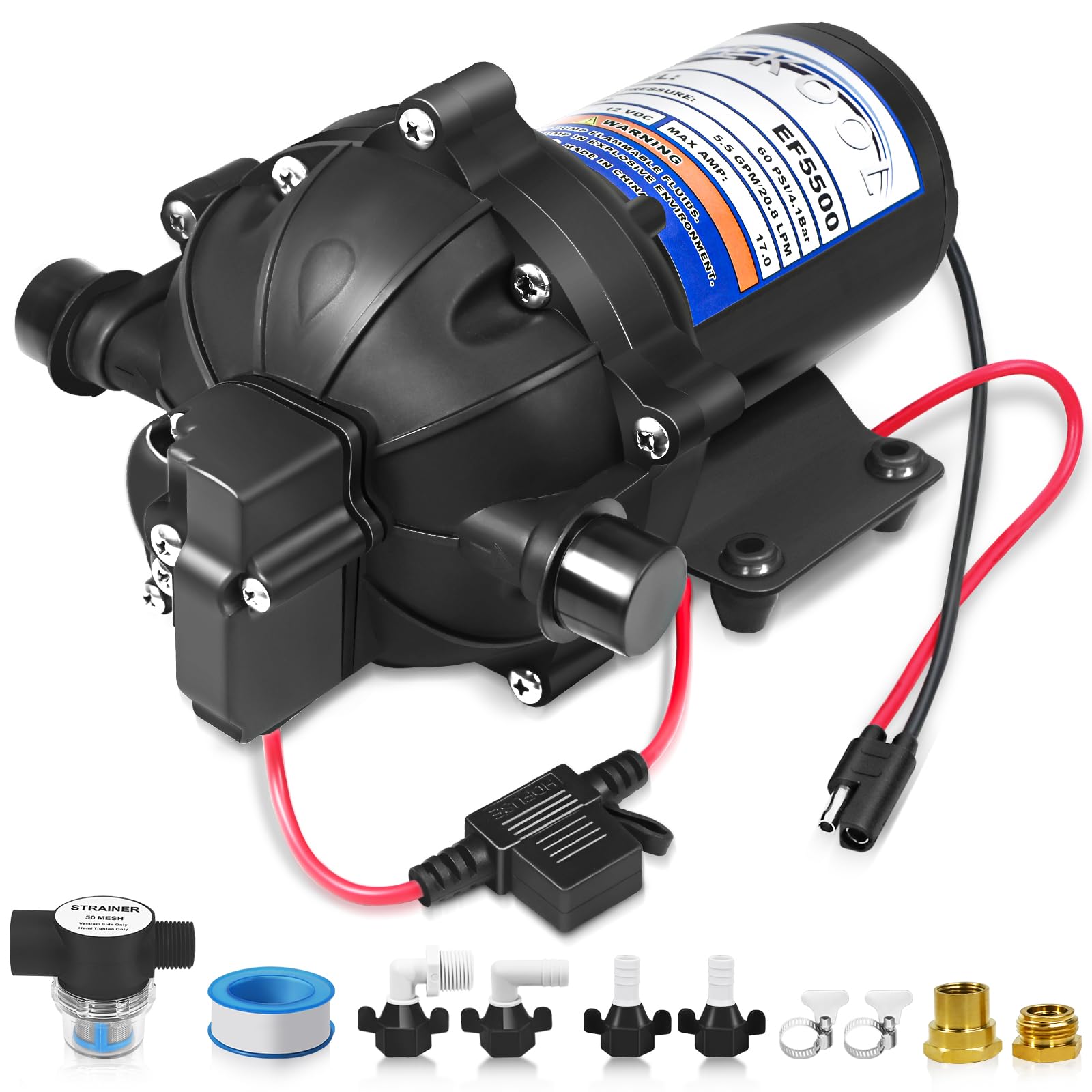 EF5500-BOX 12V Sprayer Pump, Soft Wash Pump, 5.5GPM 60 PSI Diaphragm Pump, Pressure Switch and Self-Priming, Chemical and Corrosion Resistant for Agricultural Spraying, Soft Wash System, RV, Boats