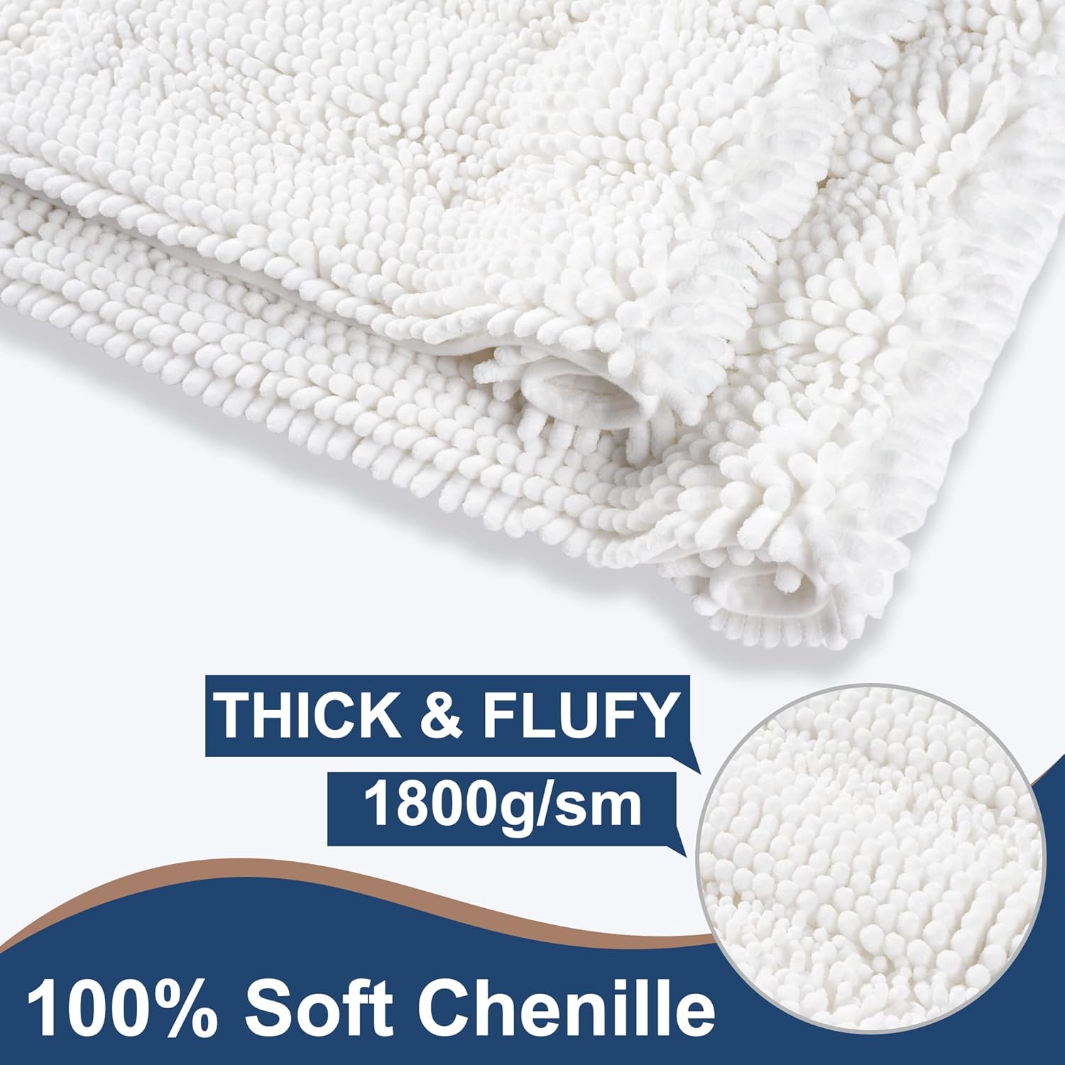 Non Slip Thick Shaggy Chenille Bathroom Rug Sets 2 Piece, Thickened Hot Melt Rubber Bottom Bath Mats for Bathroom, Bath Rugs Quick Dry Machine Washable for Shower (White, 32"x20" Plus 17"x24")