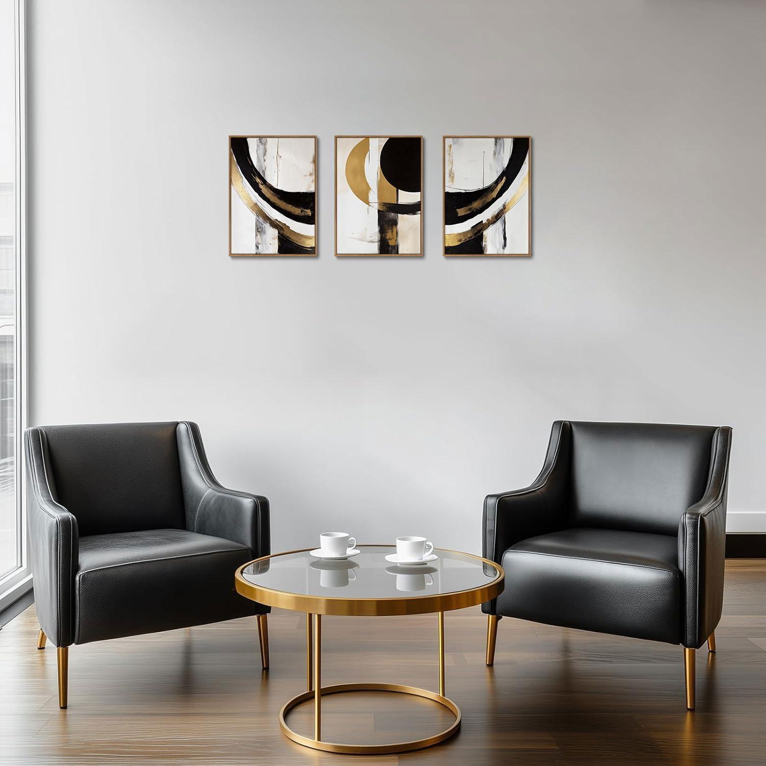 KISSFOX 3 Piece Framed Wall Art Abstract Wall Decor Black Gold Pictures Modern Geometric Canvas Art Large Minimalism Paintings Artwork For Living Room Bedroom Office