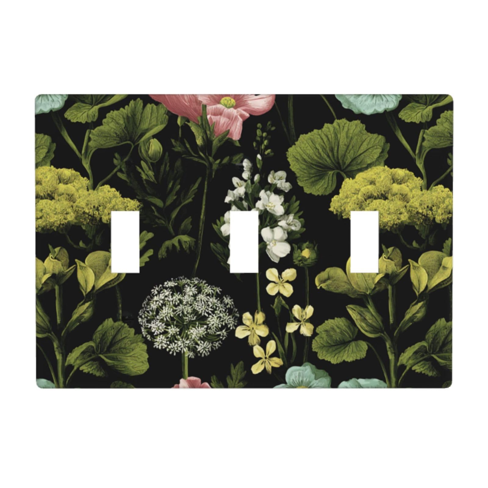 Vintage Green Botanicals On Black Light Switch Covers 3 Gang Triple Toggle Wall Plate Switchplate Electrical Faceplate for Bathroom Kitchen Bedroom Decor