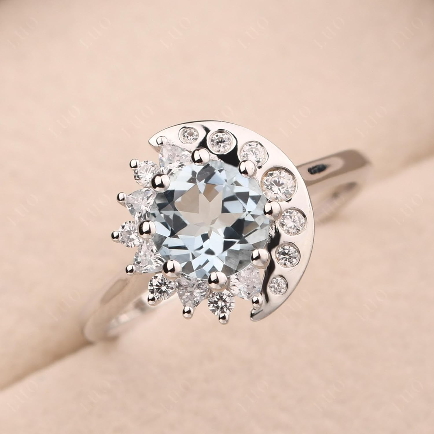 LUO S925 Sterling Silver Flower Birthstone Ring 7MM Round Cut Gemstone Cocktail Wedding Halo Travel Engagement Promise Bridal Rings for Women Size 3-13