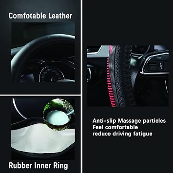 Yangday Leather Steering Wheel Cover for Dodge Ram 1500 2500 3500, 15.5-16 Inches Car Steering Wheel Cover with Anti-Slip Massage Particle (Black)