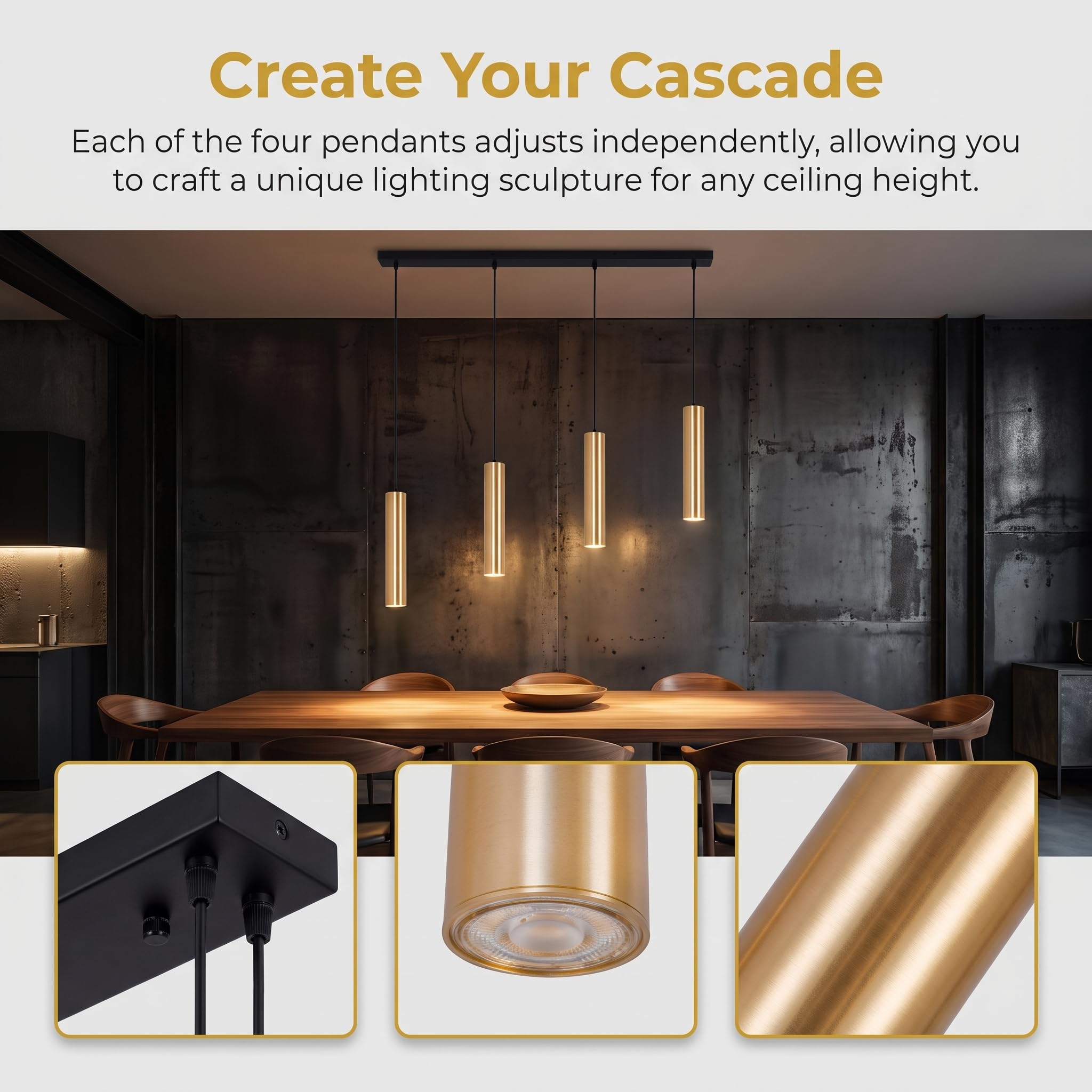BARCELONA LED Bila 4 Vierfach Pendelleuchte GU10 Messing | Robustes Aluminium, Innenbeleuchtung, lineares Design, edle Oberfläche, Esszimmer, Küche, modernes Wohnzimmer
