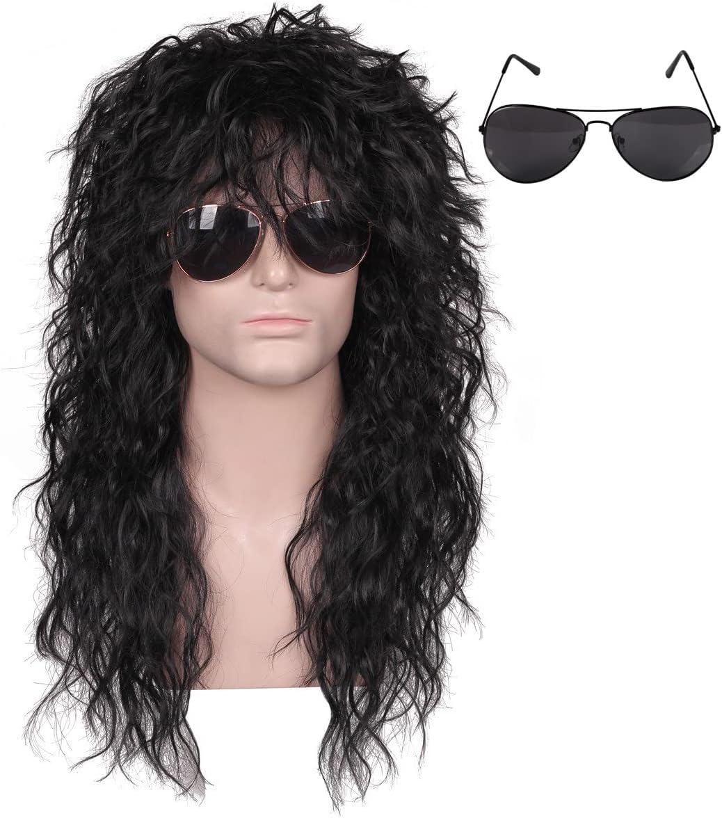 80s Wig with SunGlass for Men Black Curly Cosplay Wig for Halloween
