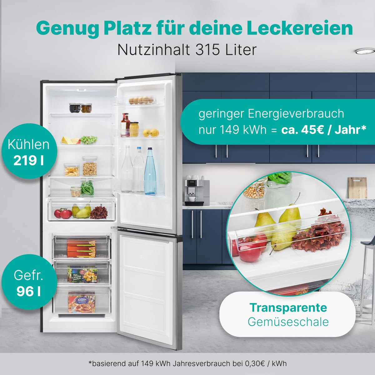 Bomann, Réfrigérateur et Congélateur 315L Inox KG7357-Inox, Réfrigérateur 219L, Congélateur 96L, Contrôle Température, Alarme Visuelle, 4 Clayettes en Verre, avec Éclairage LED, Pieds Réglables