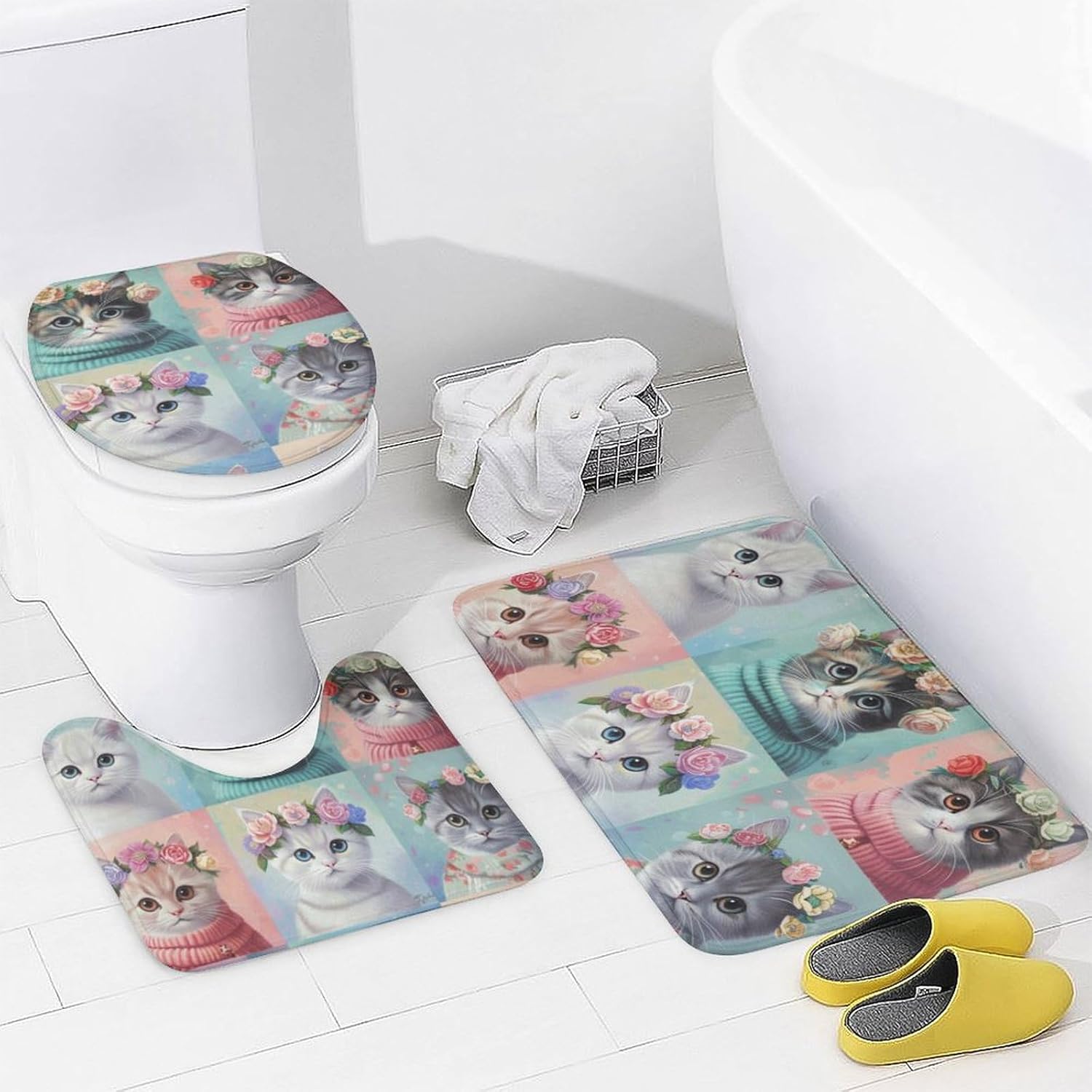 4Pcs Cartoon Cat Shower Curtain Sets, Bath Mat and Rugs, Fantasy Floral Garland Kitten Shower Curtain with Hooks for Bathroom