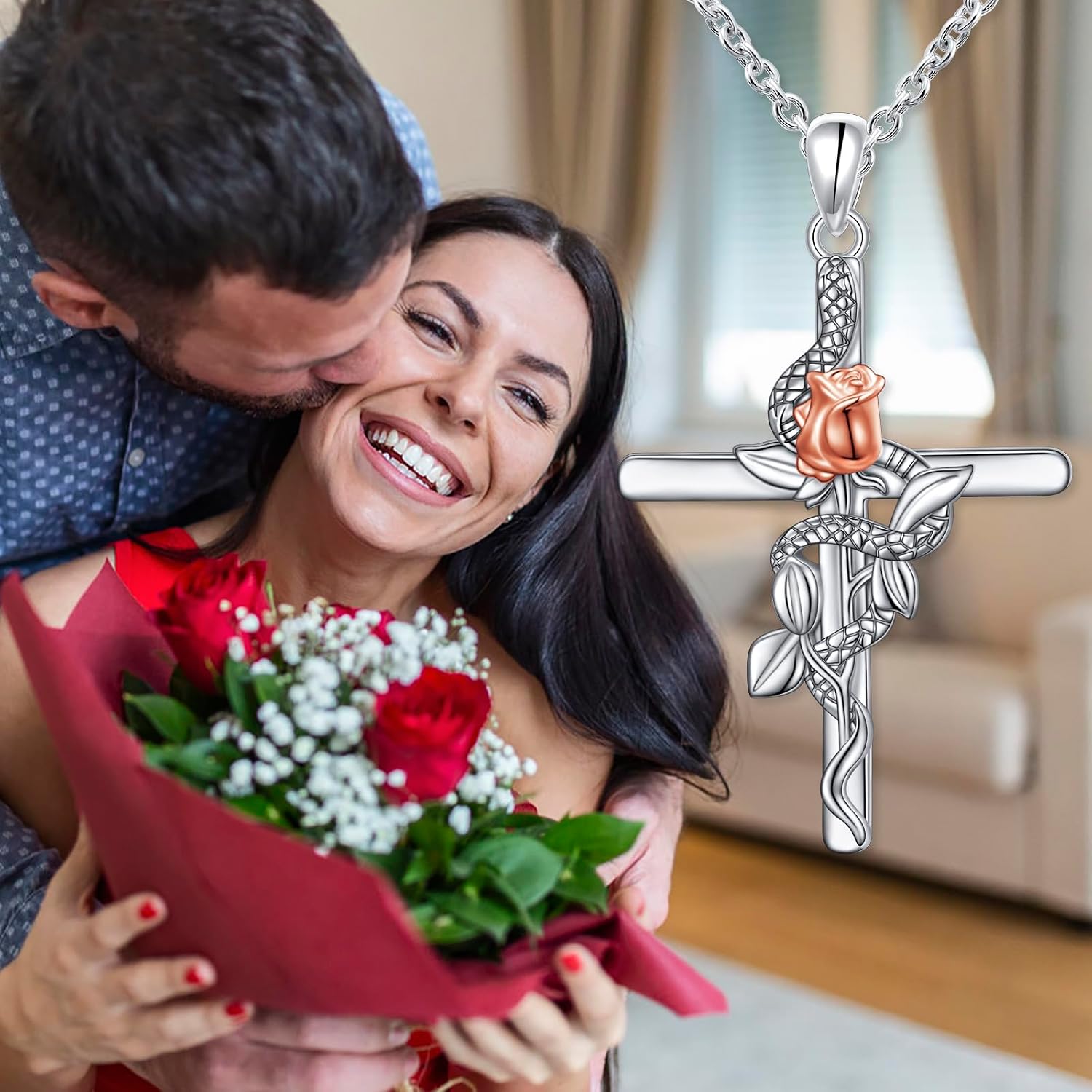 DAOCHONG S925 Sterling Silver Rose Flower Snake Cross Pendant Necklace for Women Jewelry Gifts