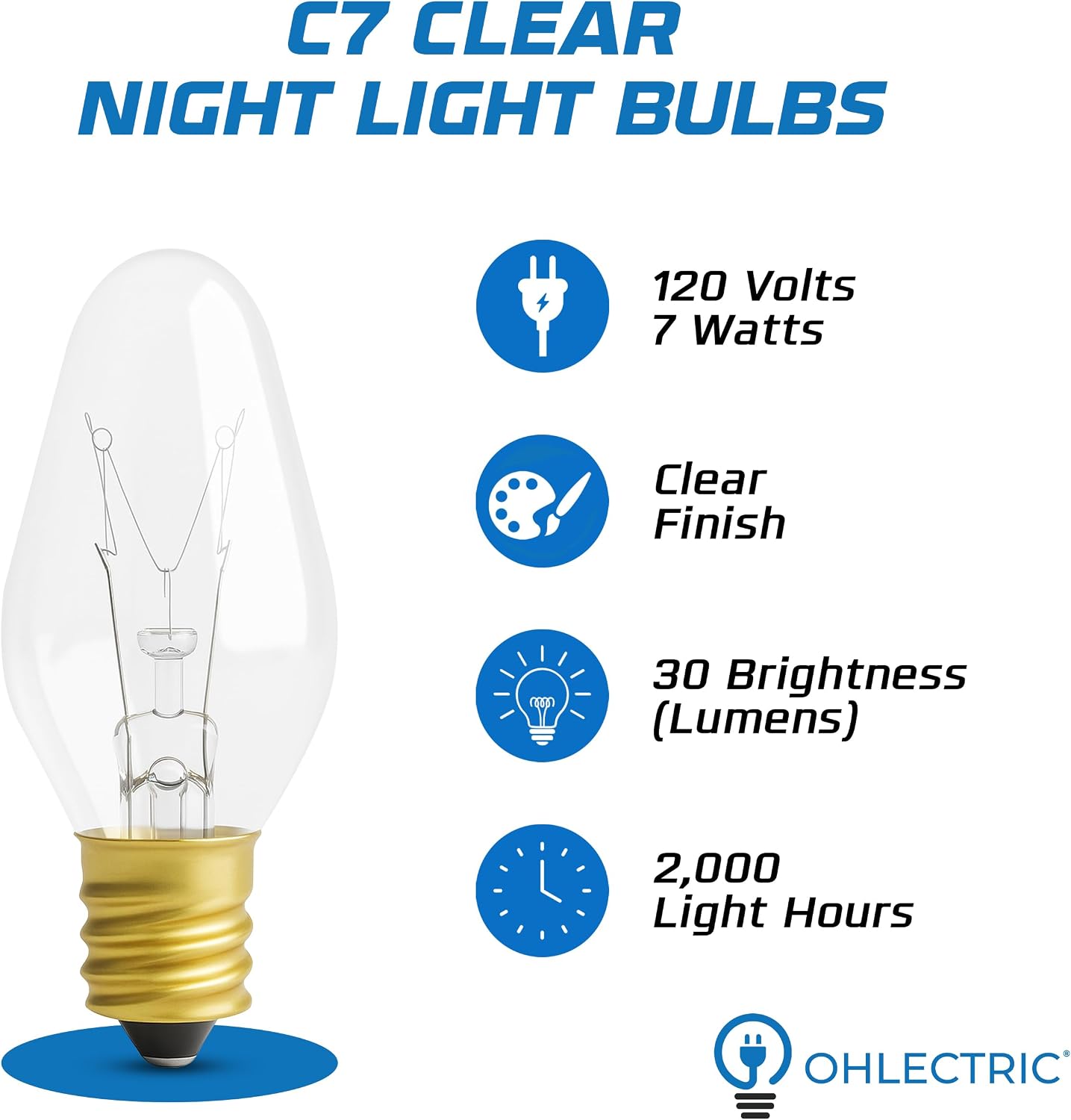 OHLECTRIC Night Light Bulbs - 7 Watt Mini Bulbs – E12 Candelabra Base, Non-Dimmable, 120 Volts – C7 Night Light Lamp Replacement Bulb for Salt Lamps, Window Candles, Holiday Decor (24, Clear)