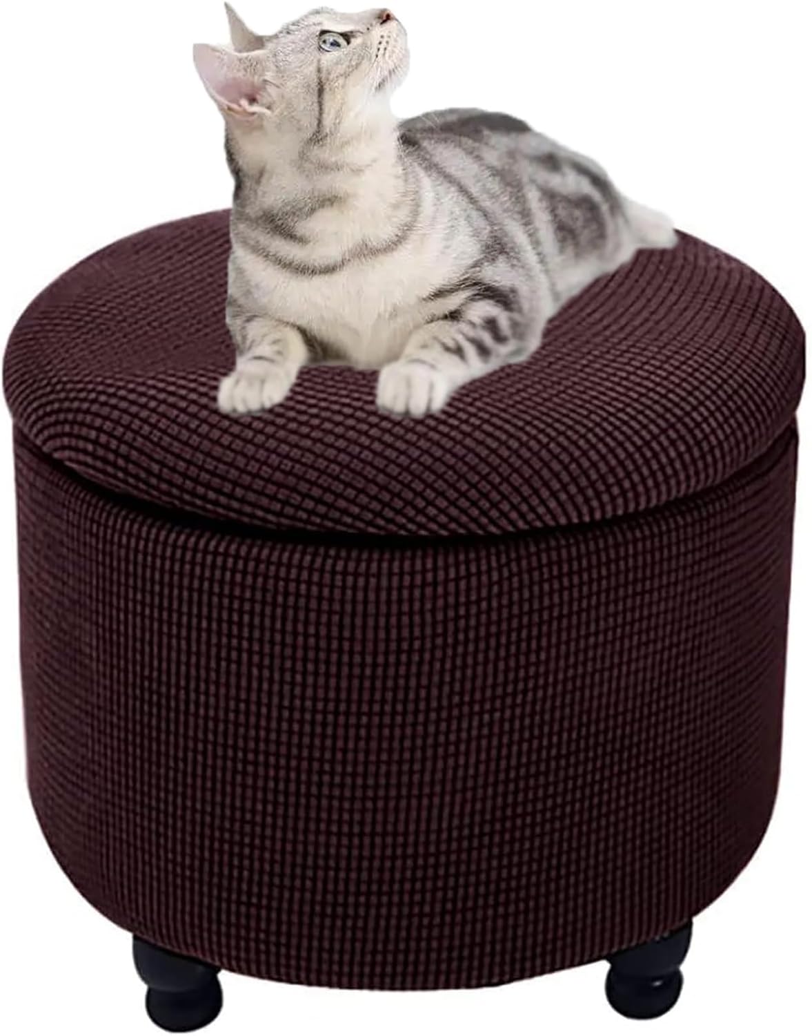 Round Storage Ottoman Covers with Storage Lid Cover, 2 Piece Stretch Stool Slipcover Footstool Protector Covers with Elastic Bottom, Machine Washable Jacquard Fabric (Color : Brown)