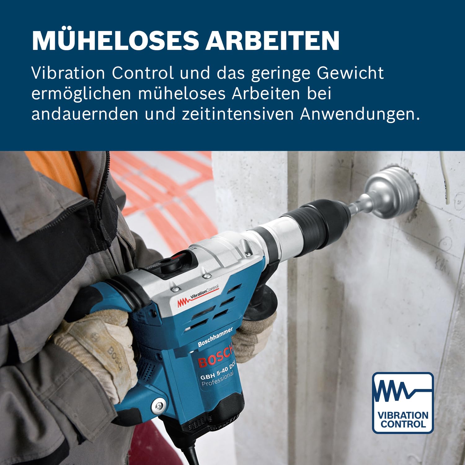 Bosch Professional GBH 5-40 DCE hammer drill, 1,150 W rated input power, 8.8 J impact energy, 1,500–3,050 min¯¹, stroke rate, carrying case., 0611264000, Corded Electric