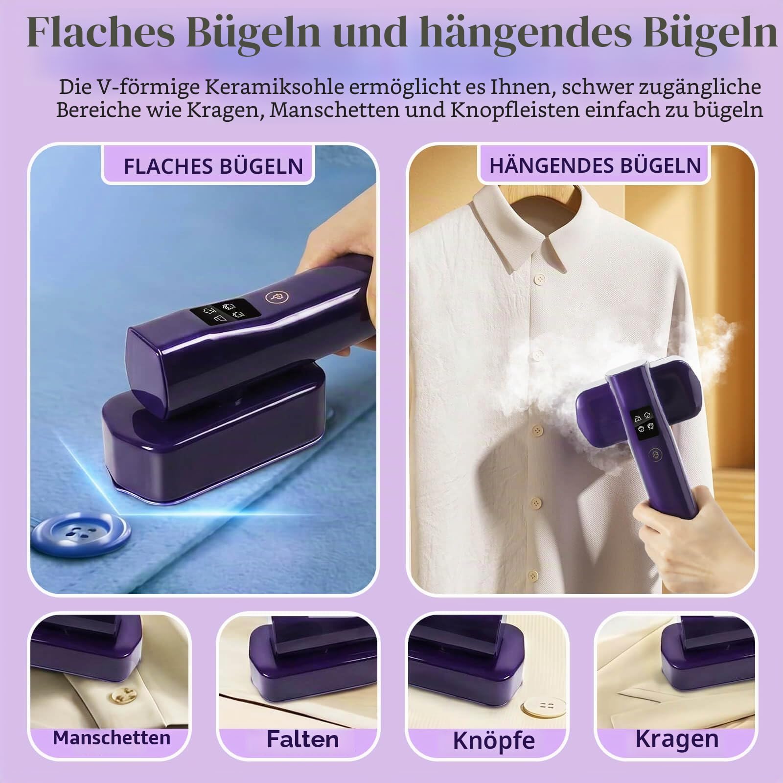 Reise Dampfglätter 1200W, Tragbares Dampfbügeleisen, 2-in-1 Reisebügeleisen | 15S Aufheizzeit, 4 Bügelmodi, LED-Touchscreen, 100ML Wassertank | Steamer Kleidung für Reise, Business und Zuhause（Lila）