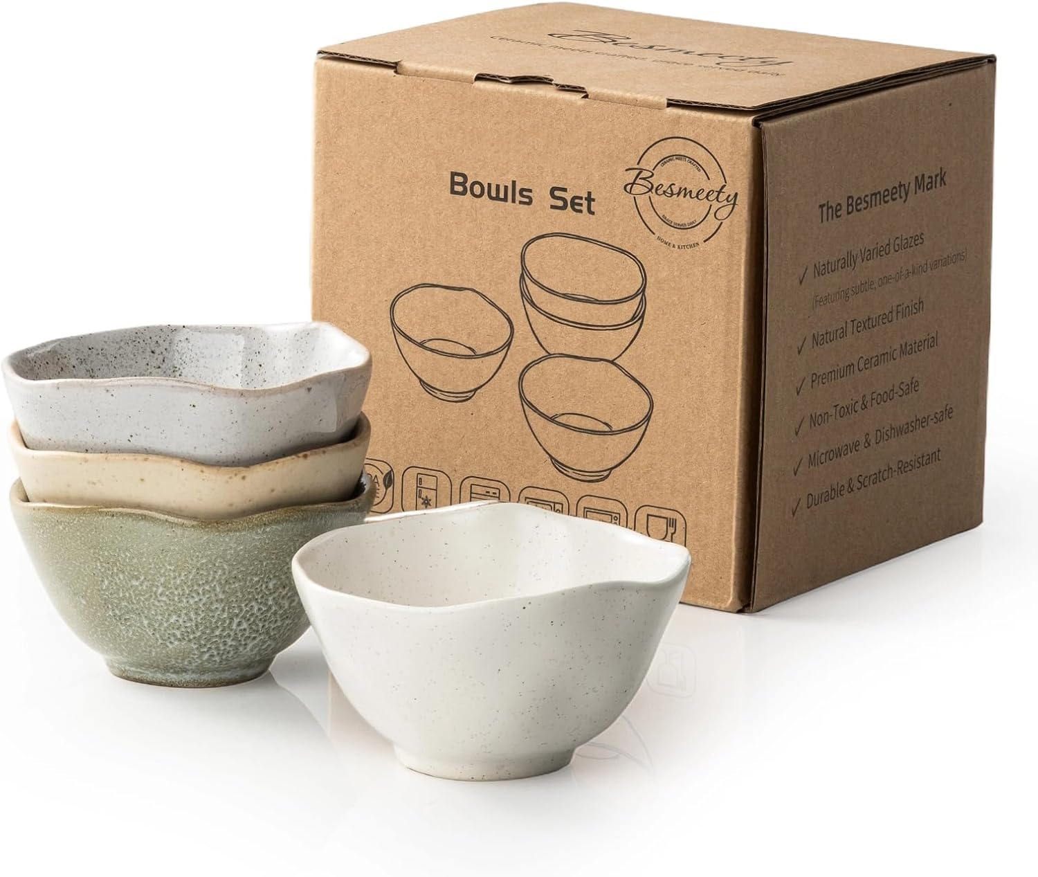 Besmeety 8oz Ceramic Small Bowls Set of 4, Cereal Bowls for Dessert, Fruits, Yogurt, Dipping, Side Dishes, Farmhouse Vintage Color Dinnerware for Kitchen