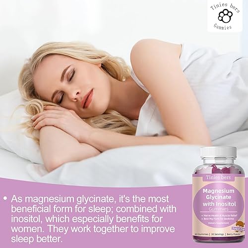 Miniatura 6 de Gomitas de glicinato de magnesio 400 mg, con inositol 500 mg para mujeres, mineral y VIT B8 para dormir, alivio del estrés y muscular, salud