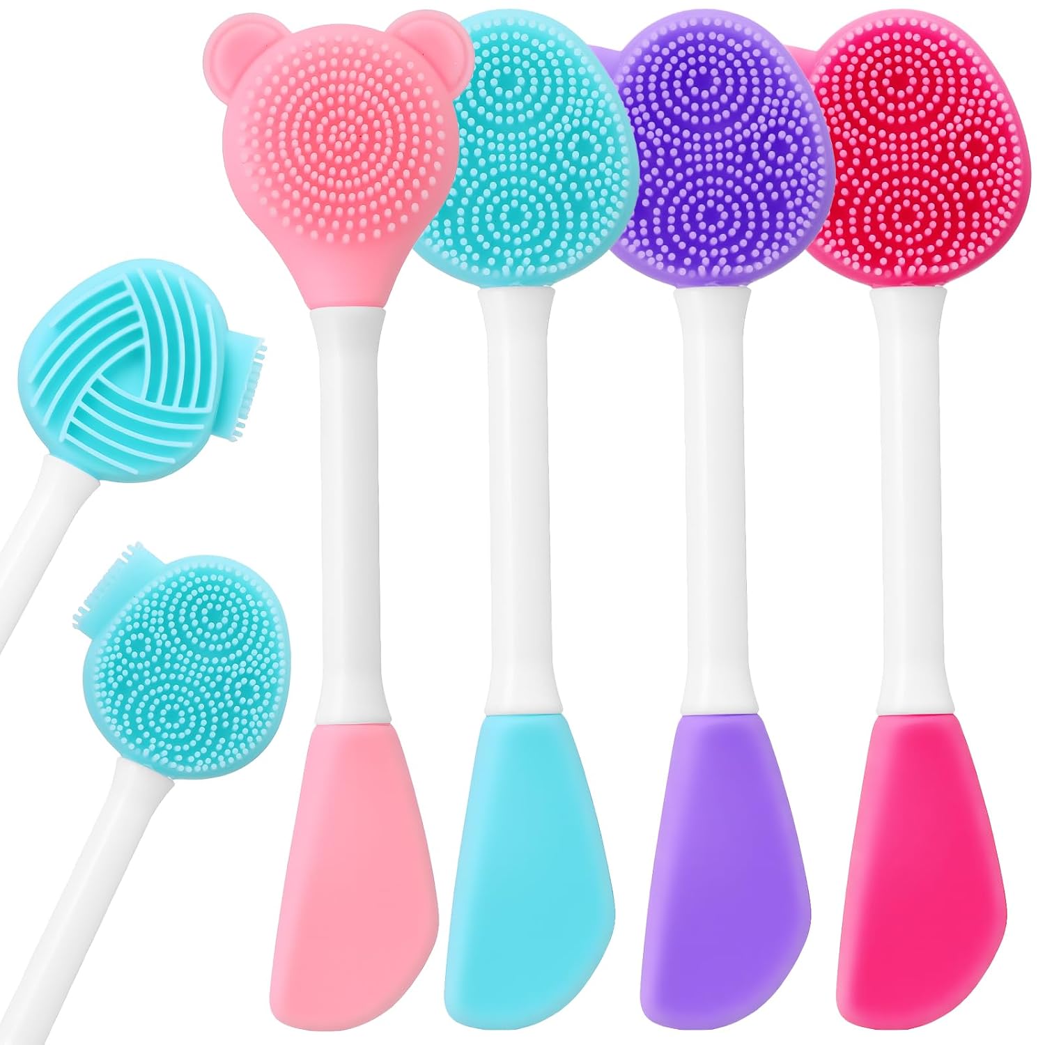 XLIUAX 4 Pack Silicone Manual Facial Brush, 4 in 1 Double-Ended Facial Brush Skin Cleansing Face Scrubber Lip Nose Brushes for Women Makeup Residues Removal Massage