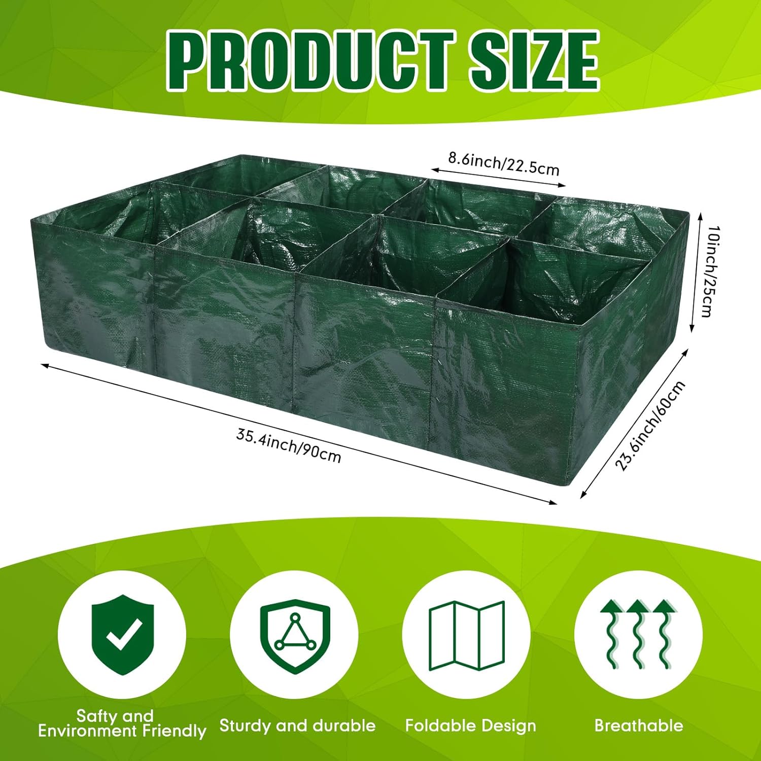 Woanger 6 Pcs 35 Gallon Plastic Raised Garden Bed, 8 Divided Grids Planter Box with Drainage Holes, PE Fabric Rectangle Raised Planting Bed for Vegetables Fruits Flowers Potato Outdoor Gardening