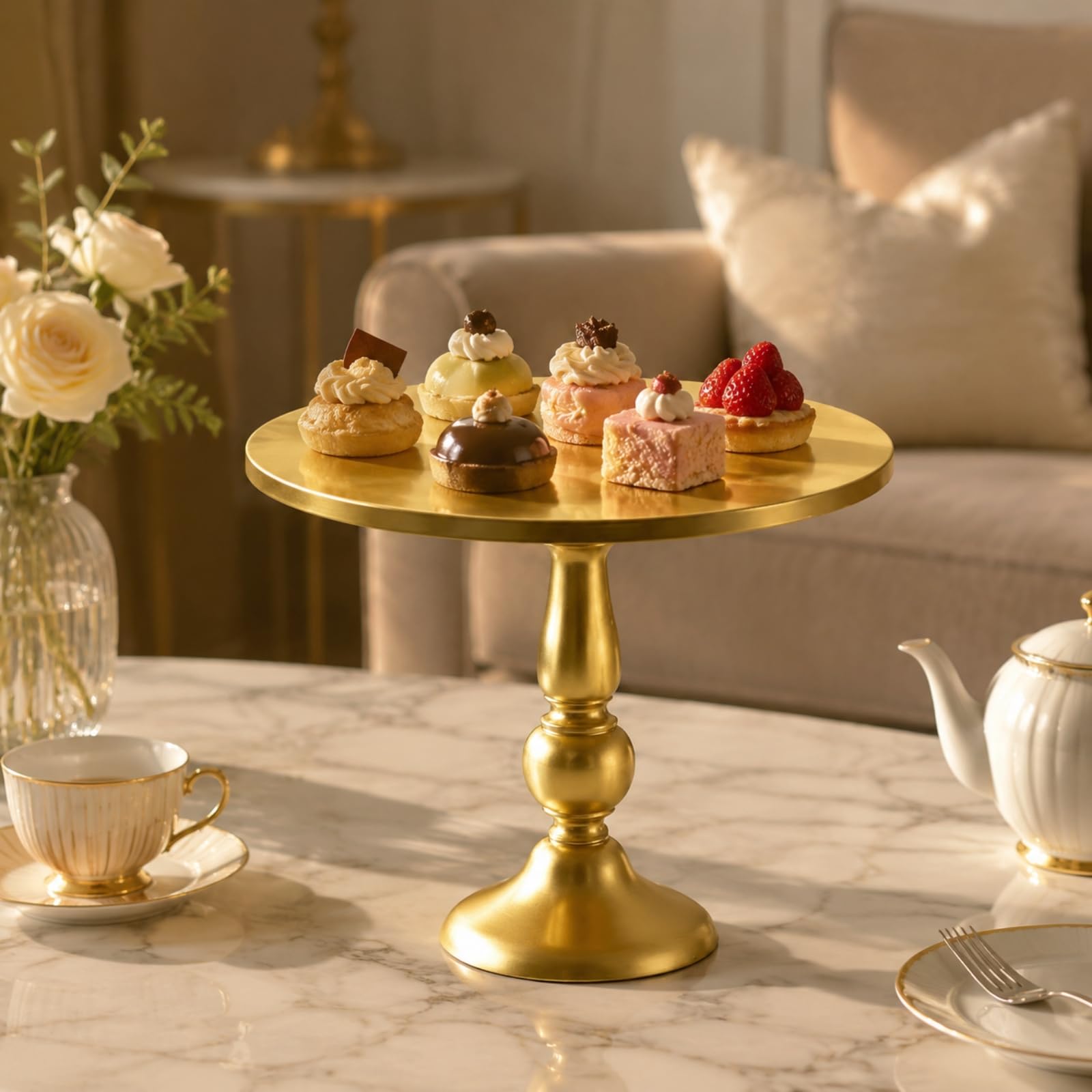 Présentoir à Gâteaux sur Pied en Métal Surélevé Support Présentation Pied Central Décoratif Épuré Plateau à Desser Base Évasée, L