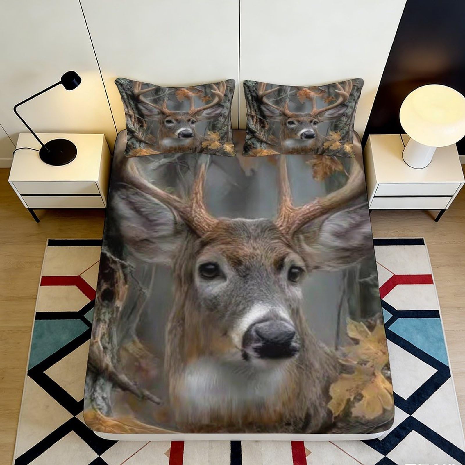3D Printed Deer Pattern Fitted Sheet Microfiber Soft Durable Autumn Forest Bed Cover for Bedroom Dormitory Guest Room Mattress Protection 180x200x25cm