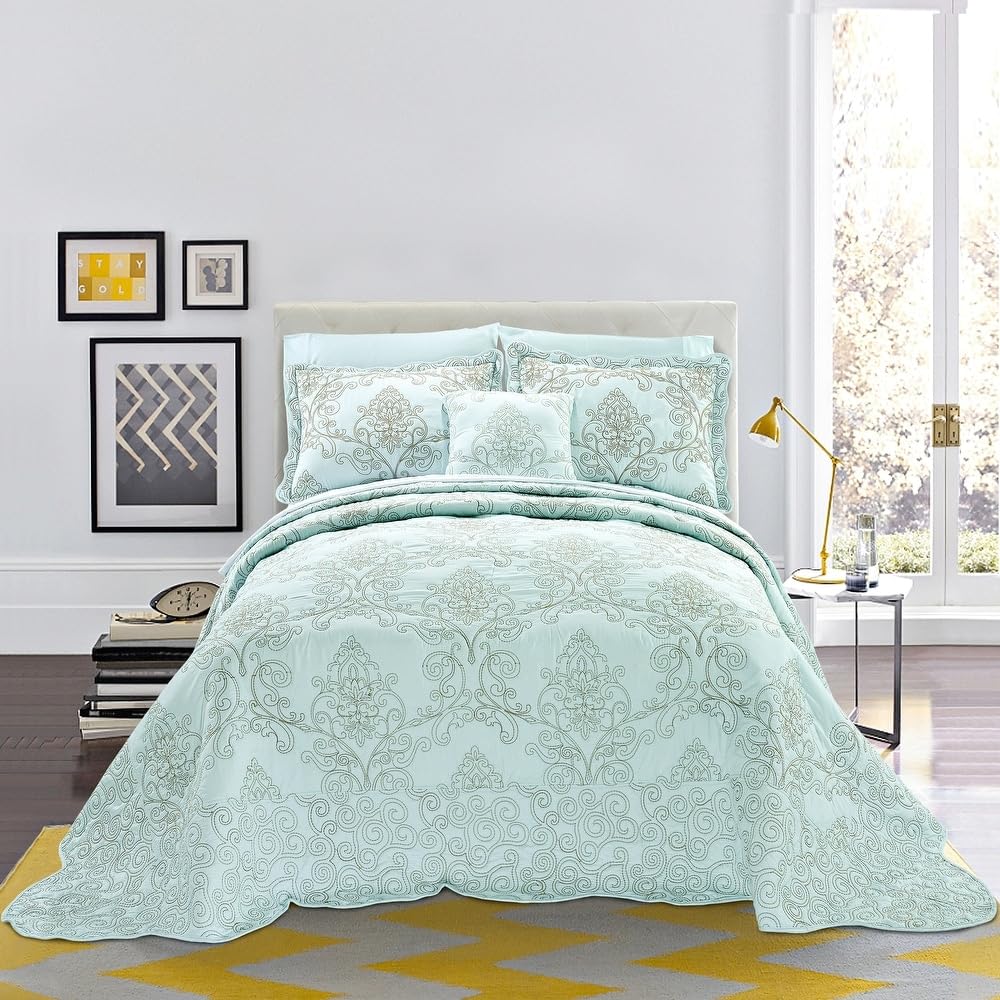 TRP French Country Style 4 Piece Pretty Embroidered Geometric Pattern Oversized Queen Bedspread | All Seasons Shabby Chic Bedding Sea Blue Green Color Designer Aesthetic Look Soft Plush Cozy Feel