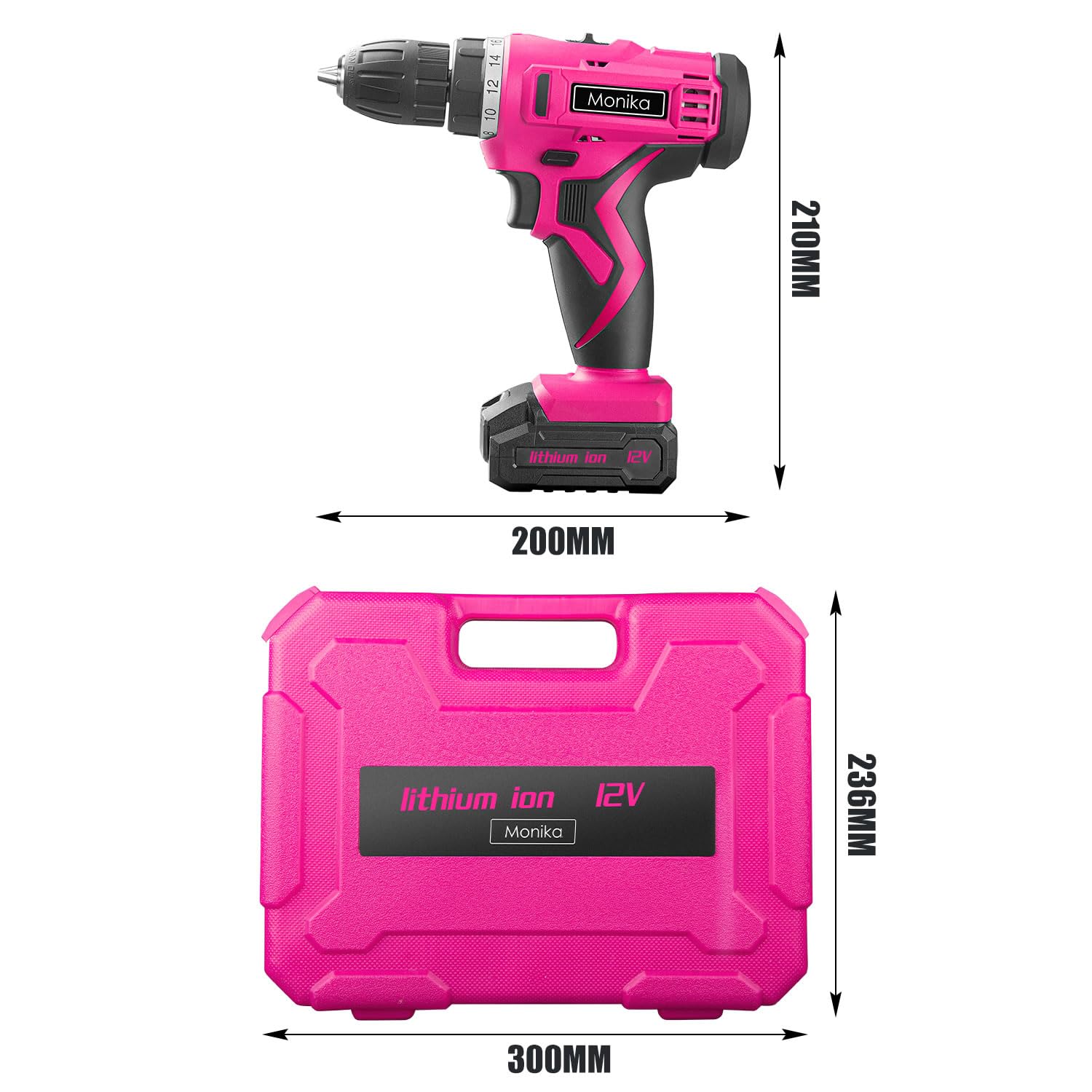 Monika Juego de brocas inalámbricas de litio rosa de 12 V, juego de brocas de tornillo, 18+1 ajuste de par, luz LED, taladro eléctrico para el hogar, oficina, bricolaje y perforación de pared, madera