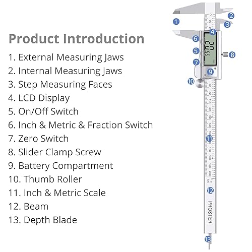 Vista 4 de Proster Calibrador digital Vernier 8 pulgadas 7.874 in – Fracciones de pinza electrónica de acero inoxidable/pulgada/pinza métrica herramienta