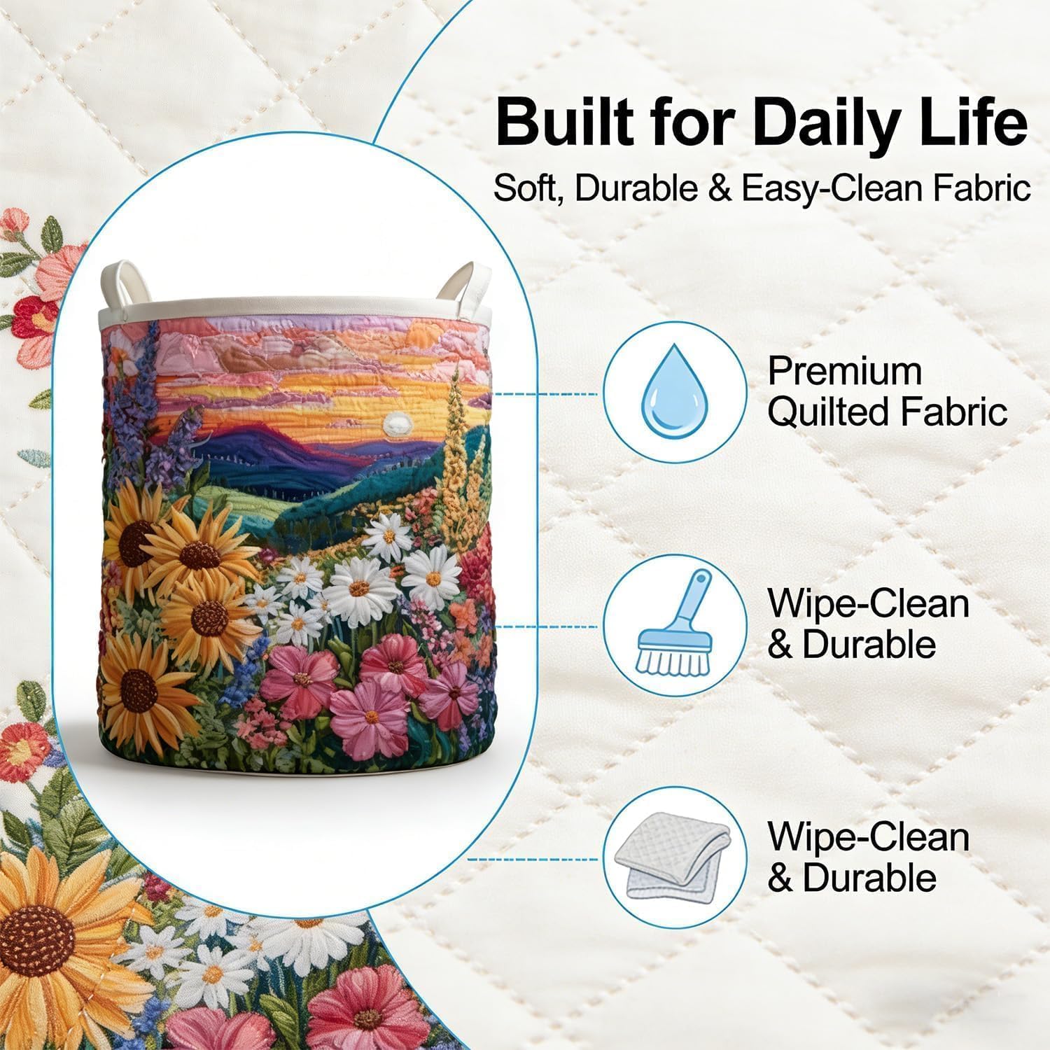 Quilted Laundry Basket, Foldable Laundry Hamper with Handles, Cute Boho Quilted Storage Basket for Blankets Toys Book and Clothes Versatile Storage (A, L 20in*28in) — view 6