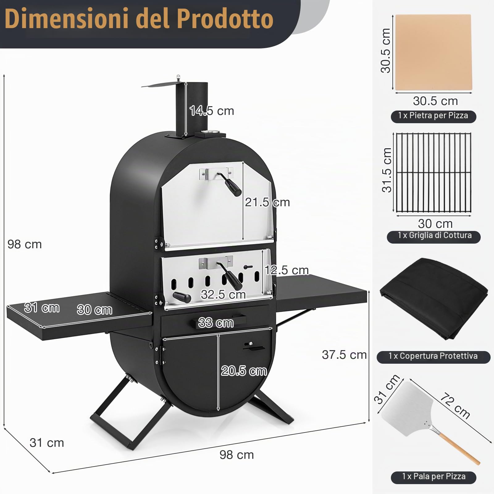 KOMFOTTEU Forno per pizza da esterno a 2 strati, forno a legna portatile con borsa per il trasporto, pietra per pizza, pala per pizza, grill, termometro, forno per pizza per barbecue, campeggio