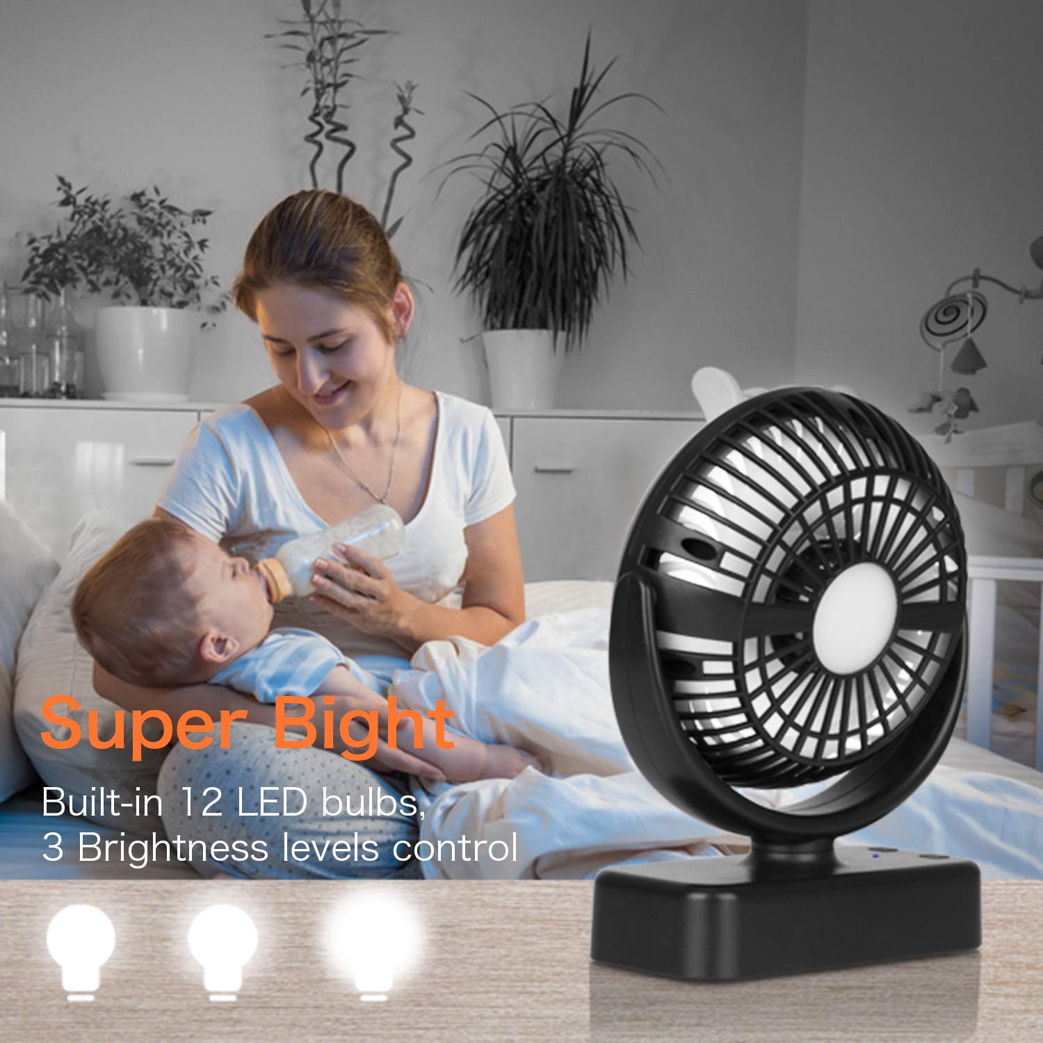 Ventilador portátil de camping con linterna LED - 40 horas de funcionamiento Ventilador recargable a pilas con gancho para colgar en tienda, coche, autocaravana, huracán, equipo de supervivencia