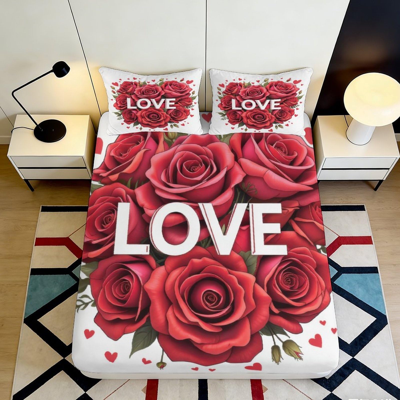 3D Printed Red Rose Love Fitted Sheet Microfiber Soft Breathable Romantic Heart Bed Cover for Bedroom Dormitory Guest Room Mattress Protection 200x200x25cm