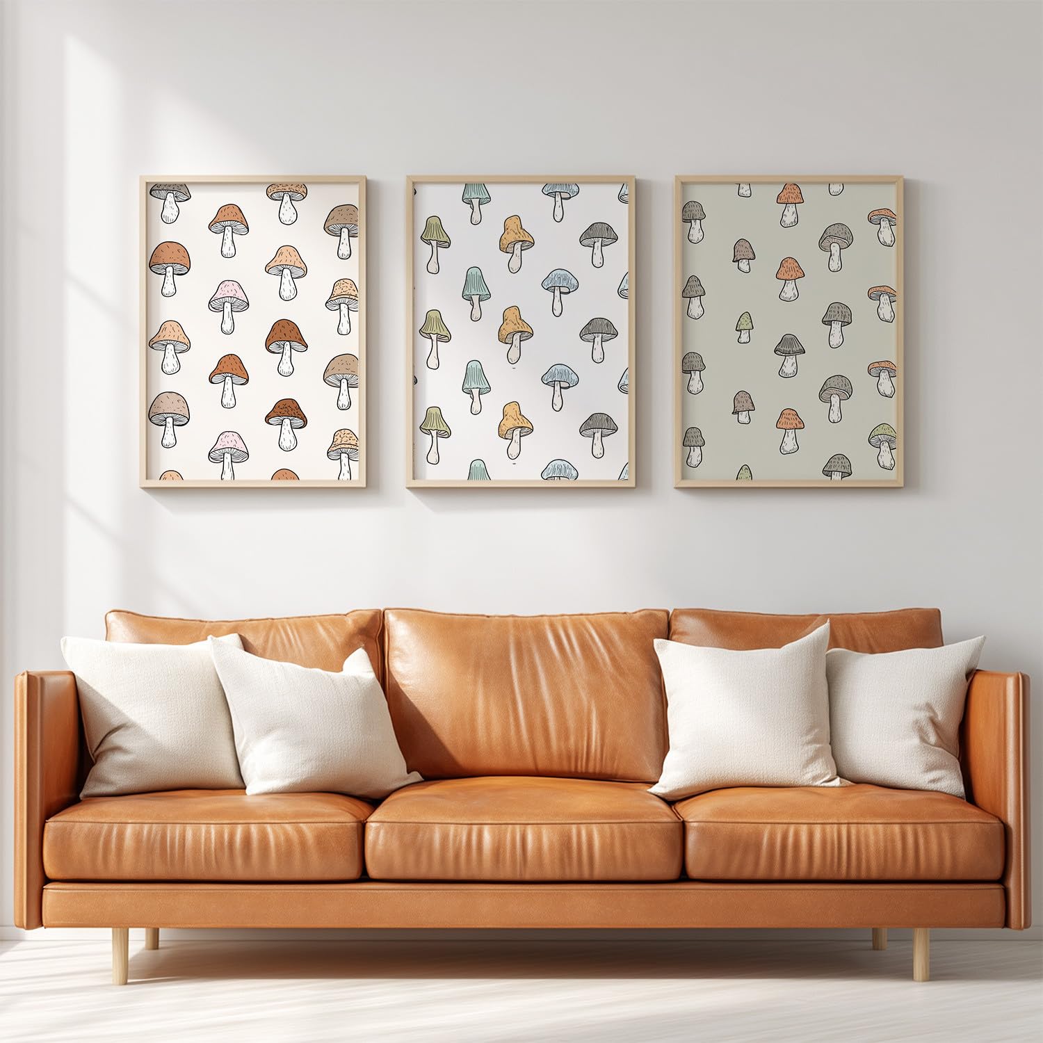 Generisch Minimalistyczne obrazy z kreskówki, rośliny, 3-częściowe, 50 x 70 cm, dekoracja ścienna z beżowym grzybem, naturalny retro, plakat na płótnie, na parapetówkę, urodziny, rocznicę, wspaniała