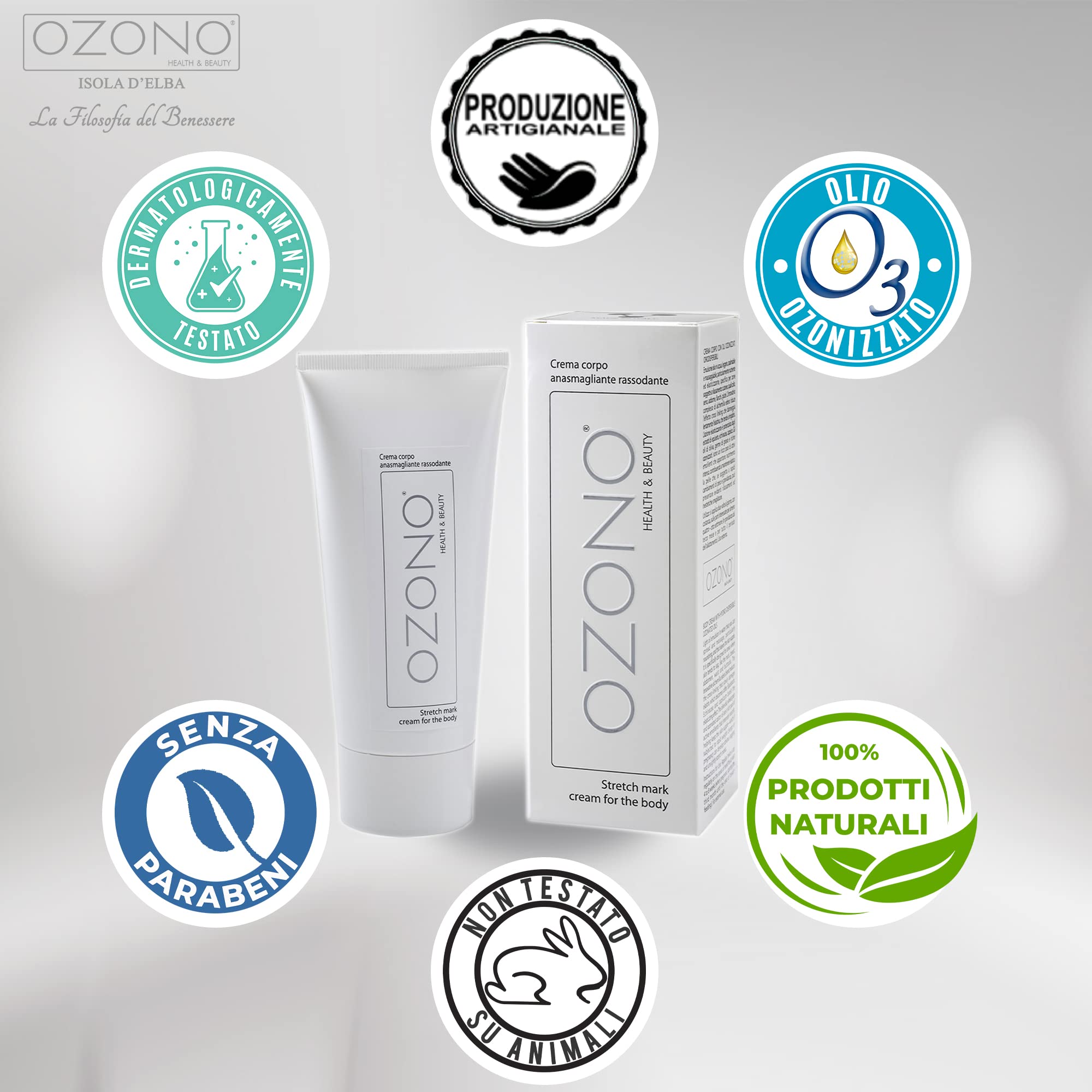 OZONO H&B Crema Corpo Rassodante - Trattamento Professionale - Olio Ozonizzato Estratti Naturali Nutrienti - Antibatterico - Bio-Stimolante Anasmagliante - MADE IN ITALY (200 ML)