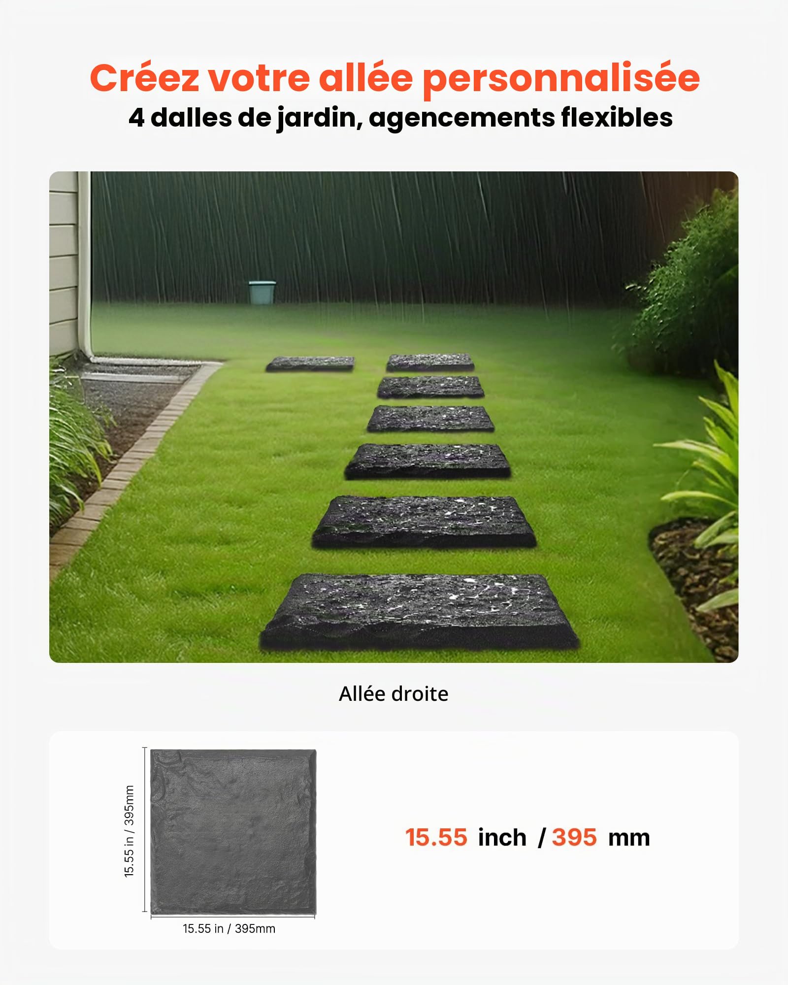VEVOR Pierres de Marche Jardin, 4 PCS, Dalles de Pas Jardin, 39,5x39,5 cm, Aspect Pierre Naturelle en Résine PC ABS, avec Piquets de Sol, Pavés pour Allée Chemin Extérieure, Pelouse, Terrasse, Gris